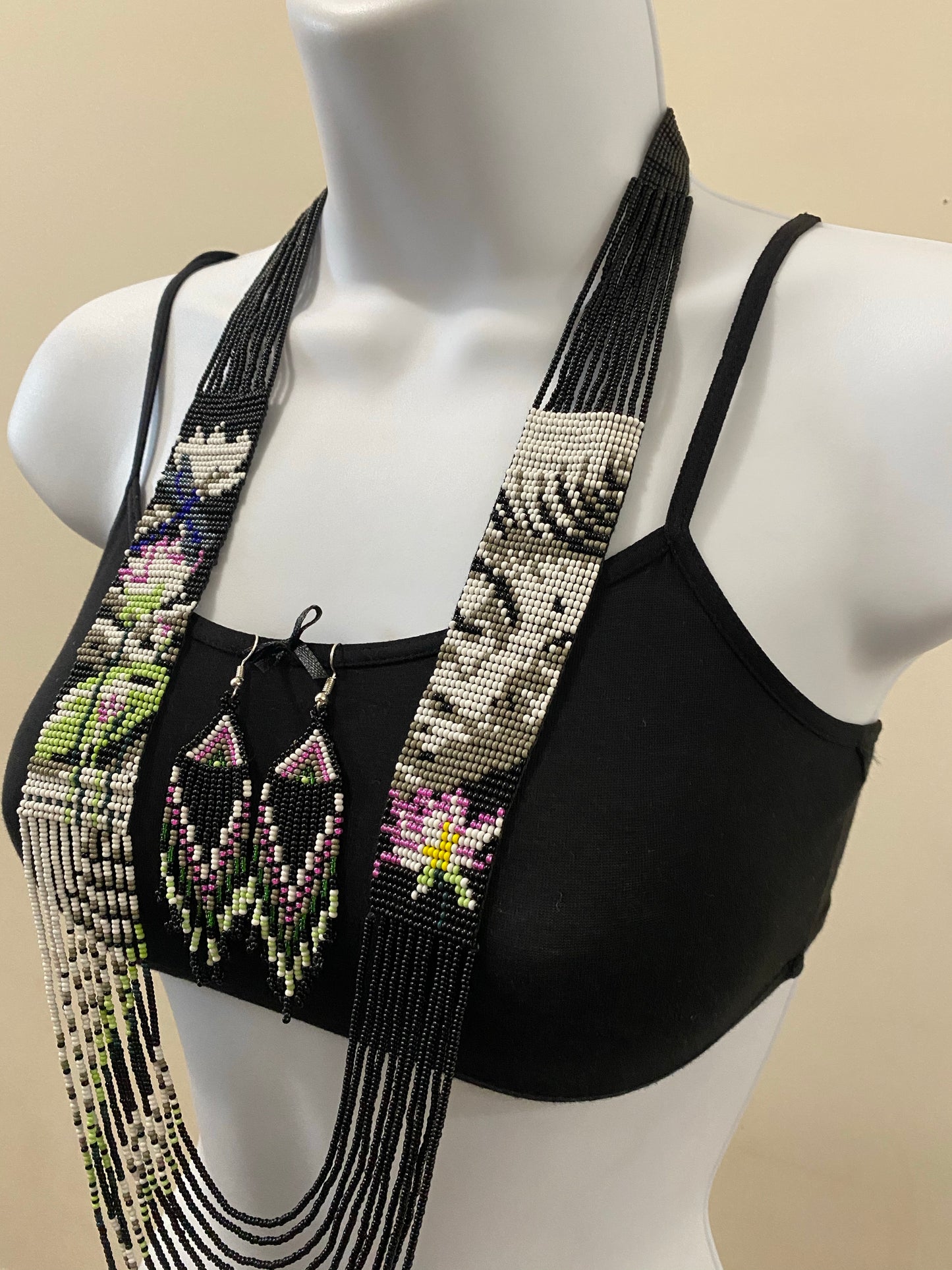 Handcrafted Bead embroidery long necklace earrings set