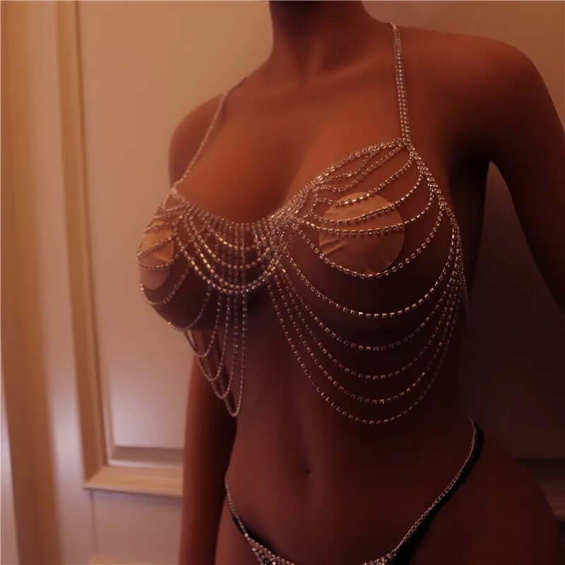 Bikini jewelry body chain bra thong set women photo shoot accessories