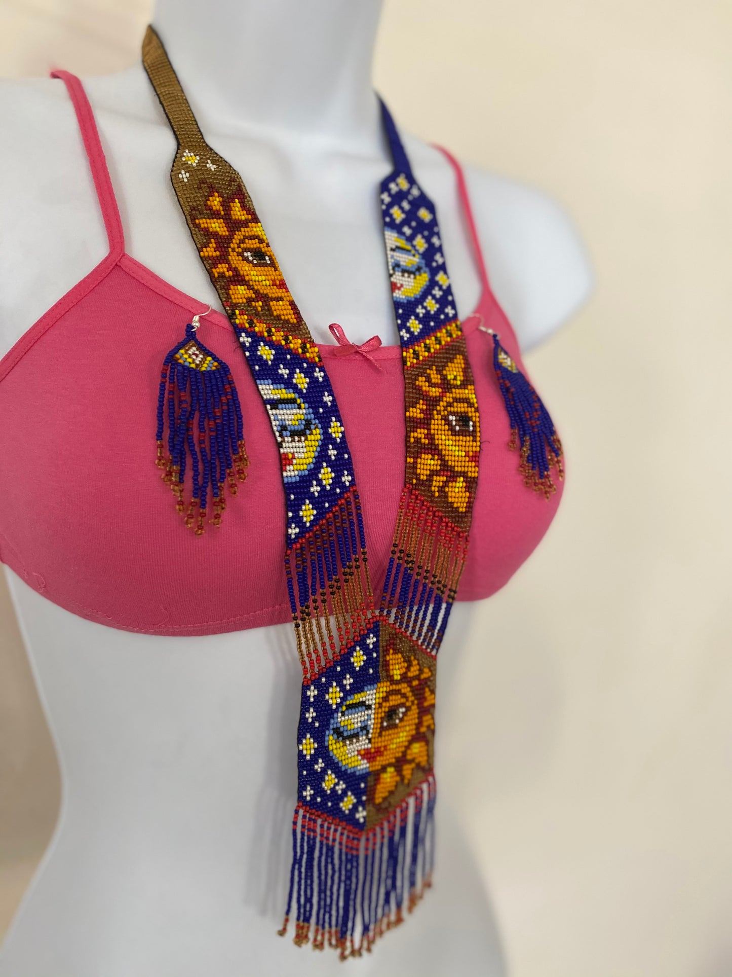 Handcrafted Bead embroidery long necklace earrings set