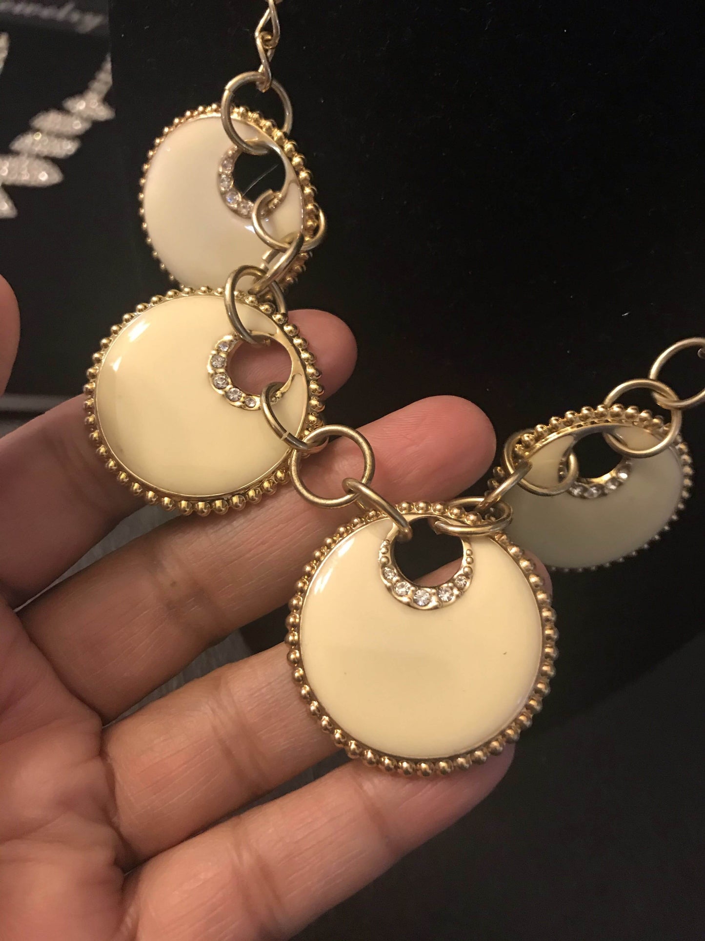 Enamel necklace earrings set for women Ivory color with rhinestone jewelry
