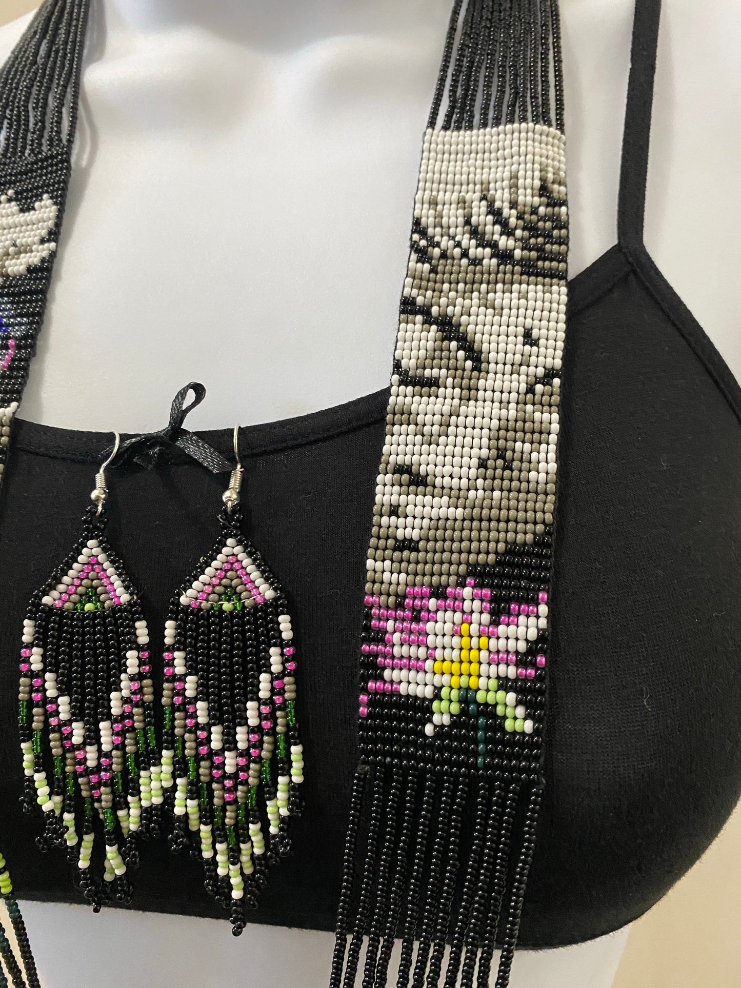 Handcrafted Bead embroidery long necklace earrings set