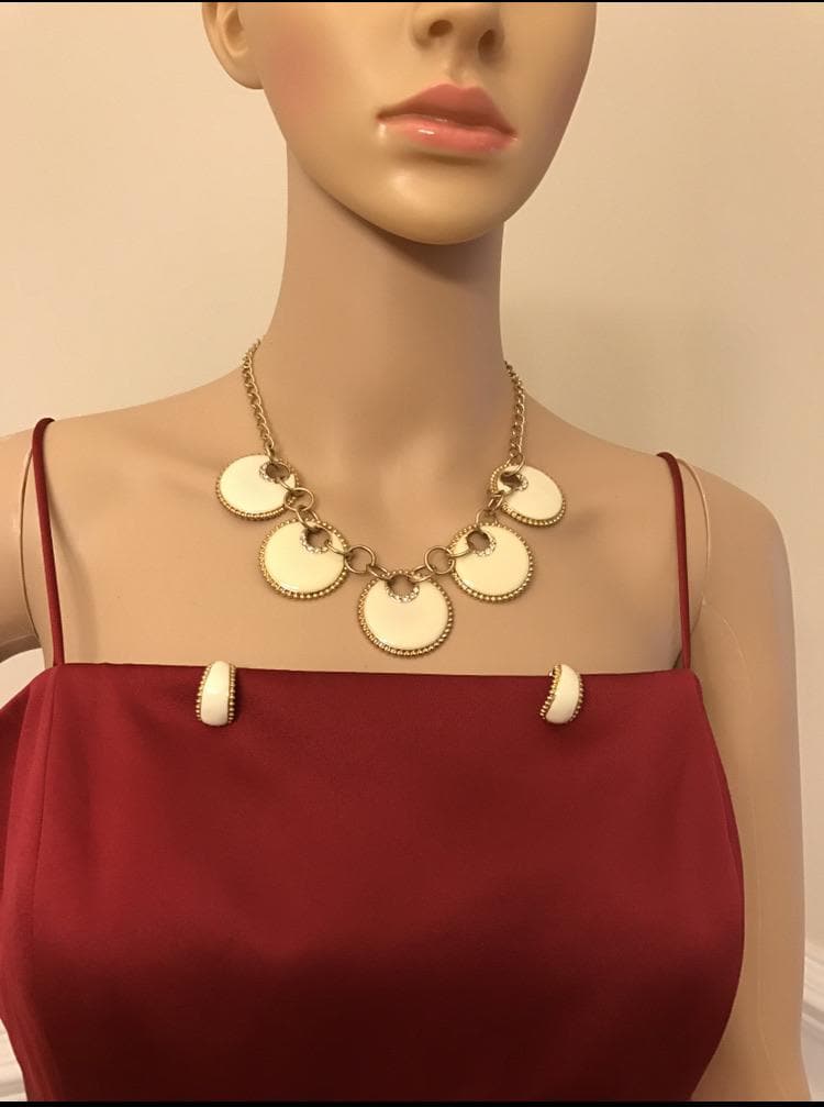 Enamel necklace earrings set for women Ivory color with rhinestone jewelry
