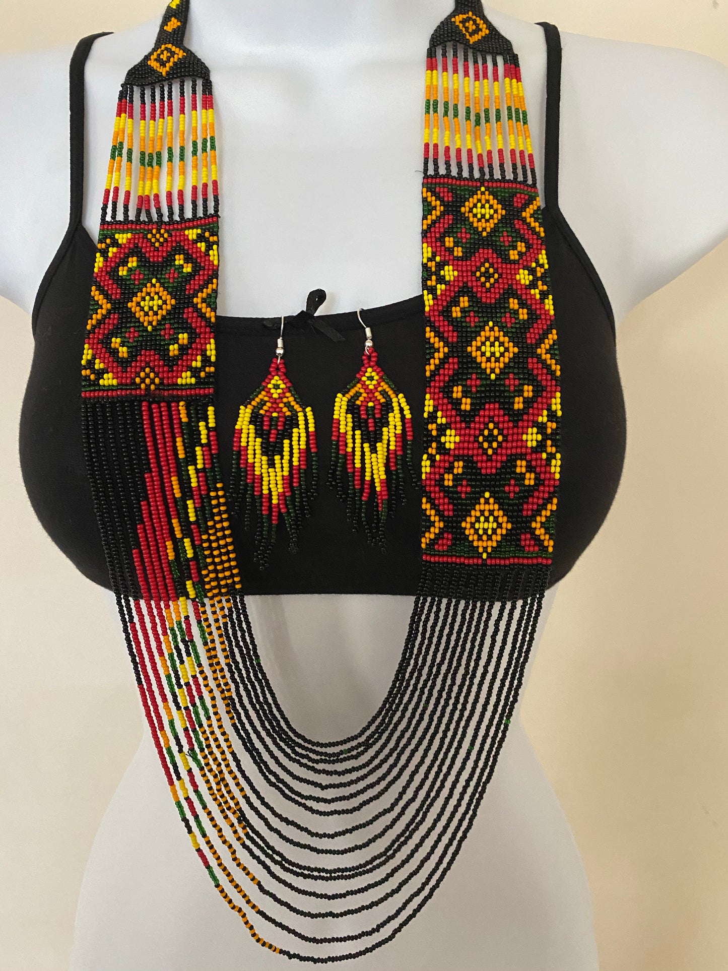 Handcrafted Seed Bead long necklace earrings set