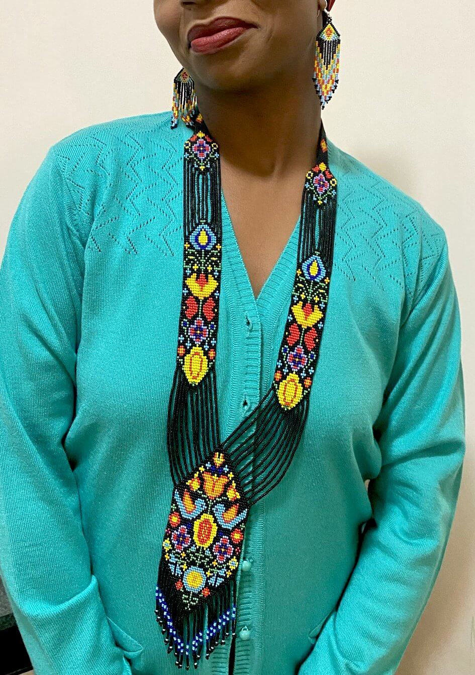 Handcrafted Bead embroidery long necklace earrings set