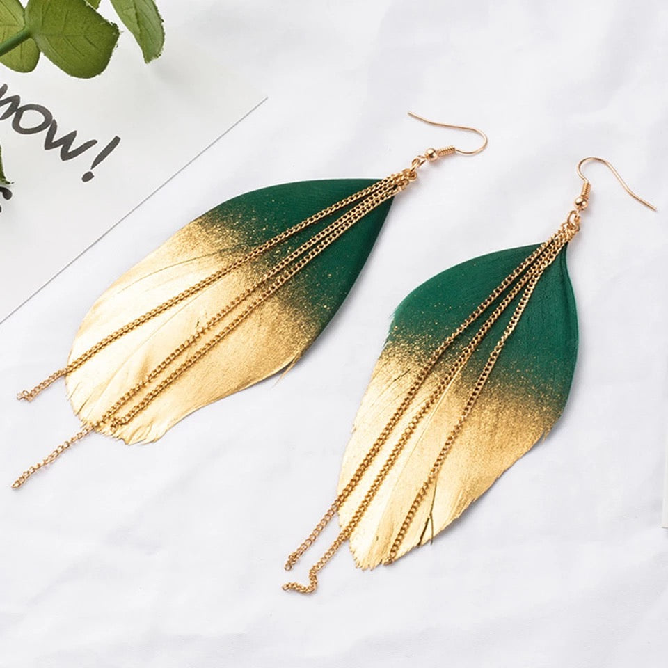 Handcrafted earrings yellow feather bohemian jewelry