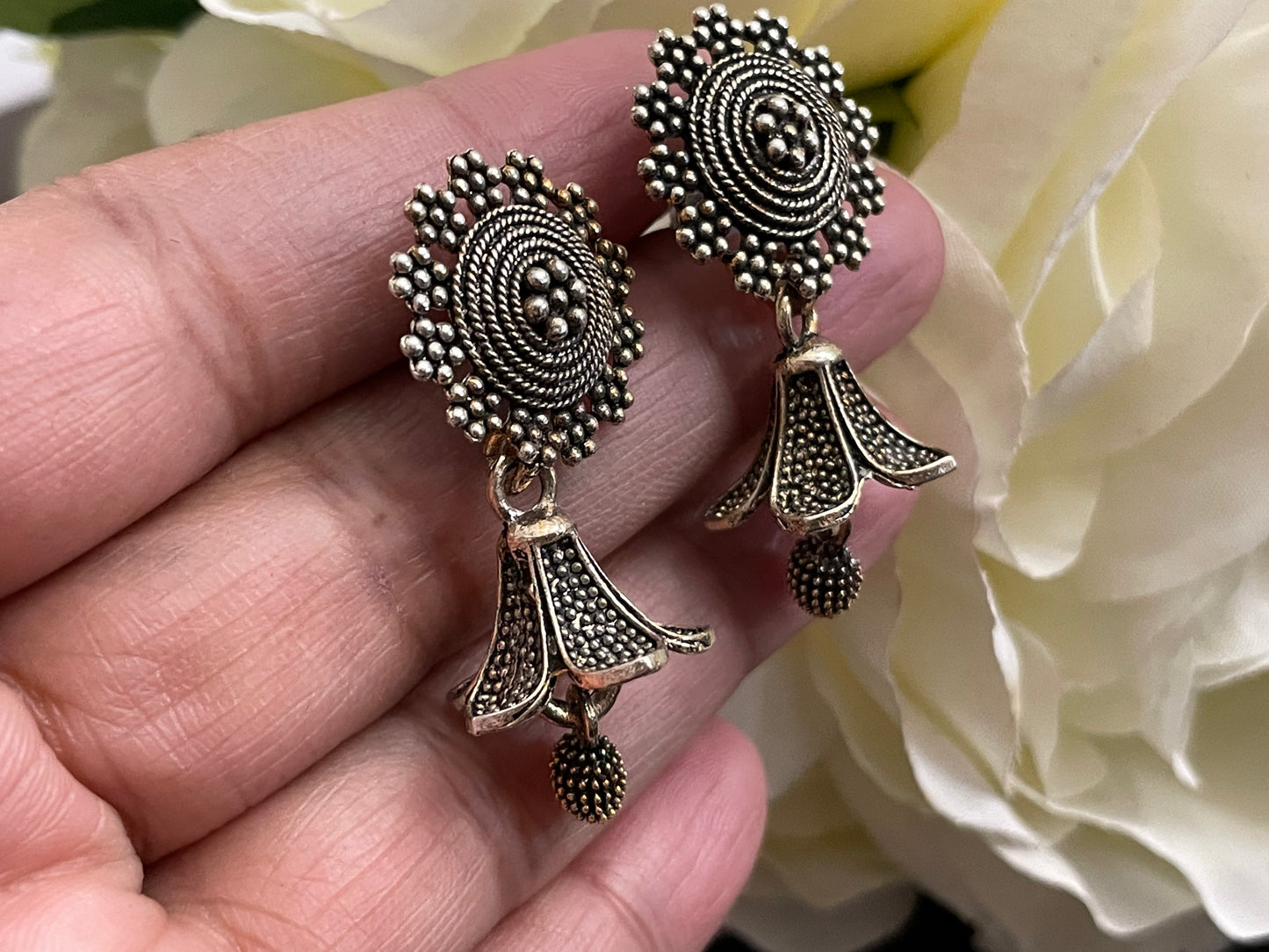 Earrings lily shape oxidized boho style look lightweight jewelry