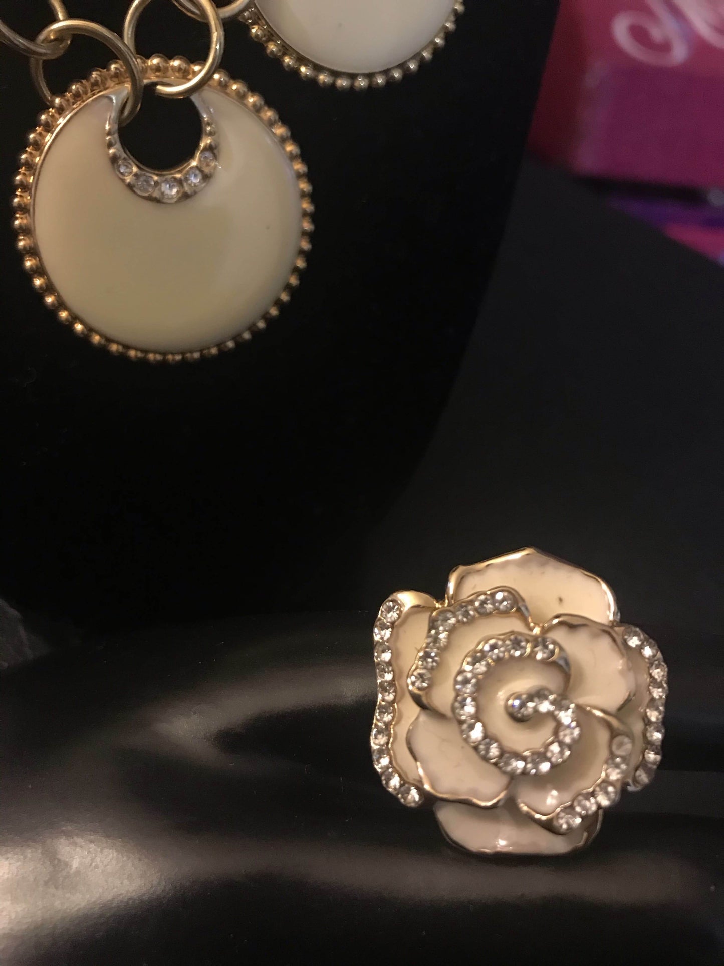 Enamel necklace earrings set for women Ivory color with rhinestone jewelry