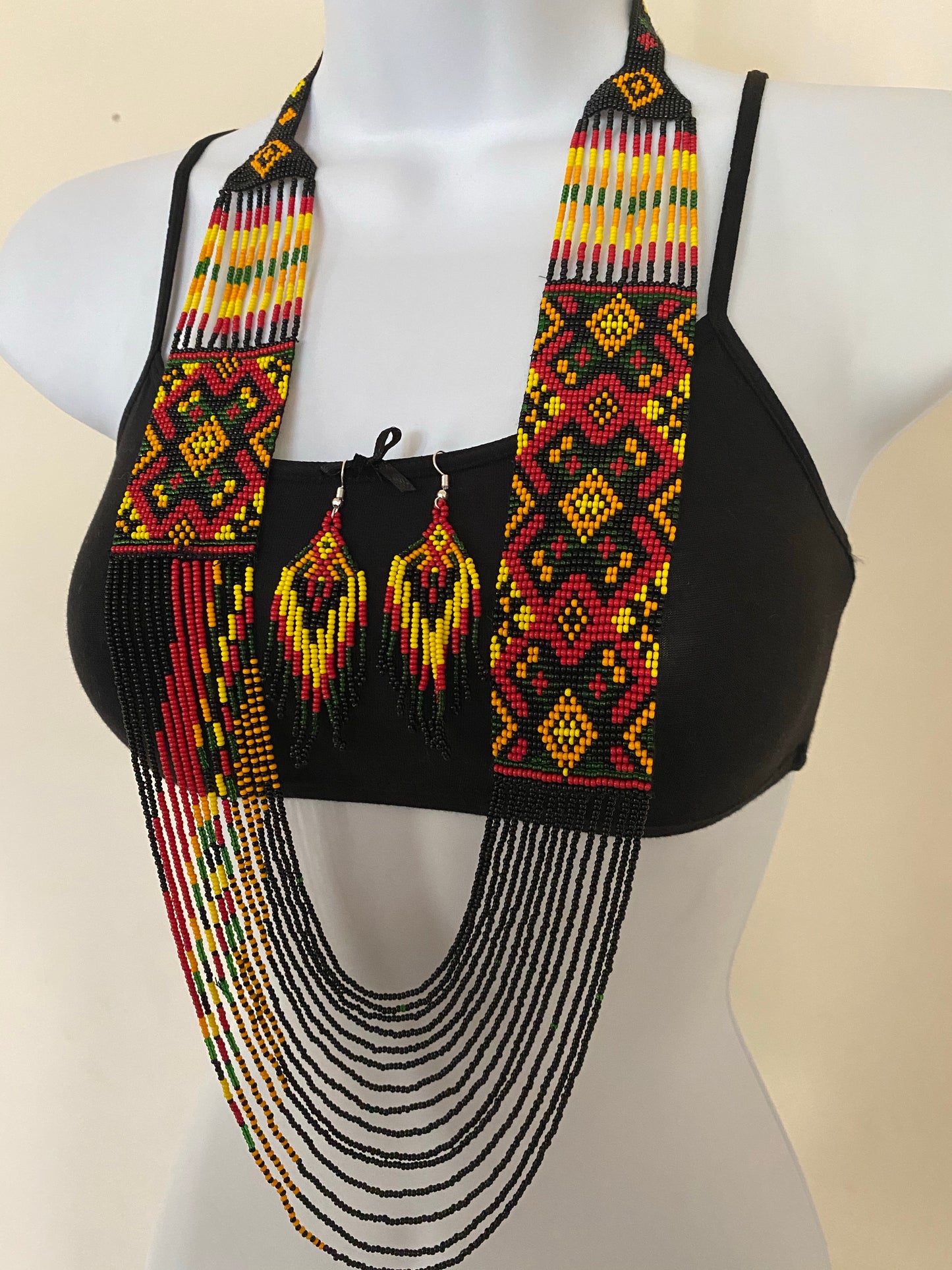 Handcrafted Seed Bead long necklace earrings set