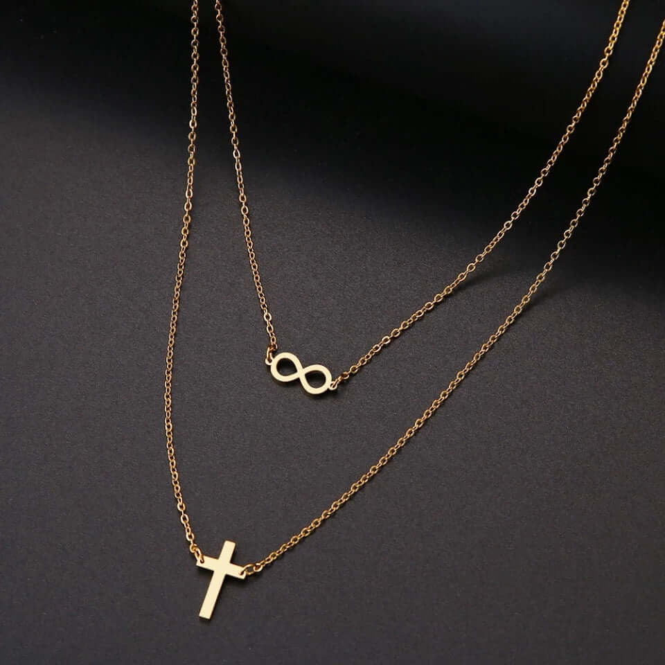 charm necklace double chain cross, infinity stainless jewelry gift