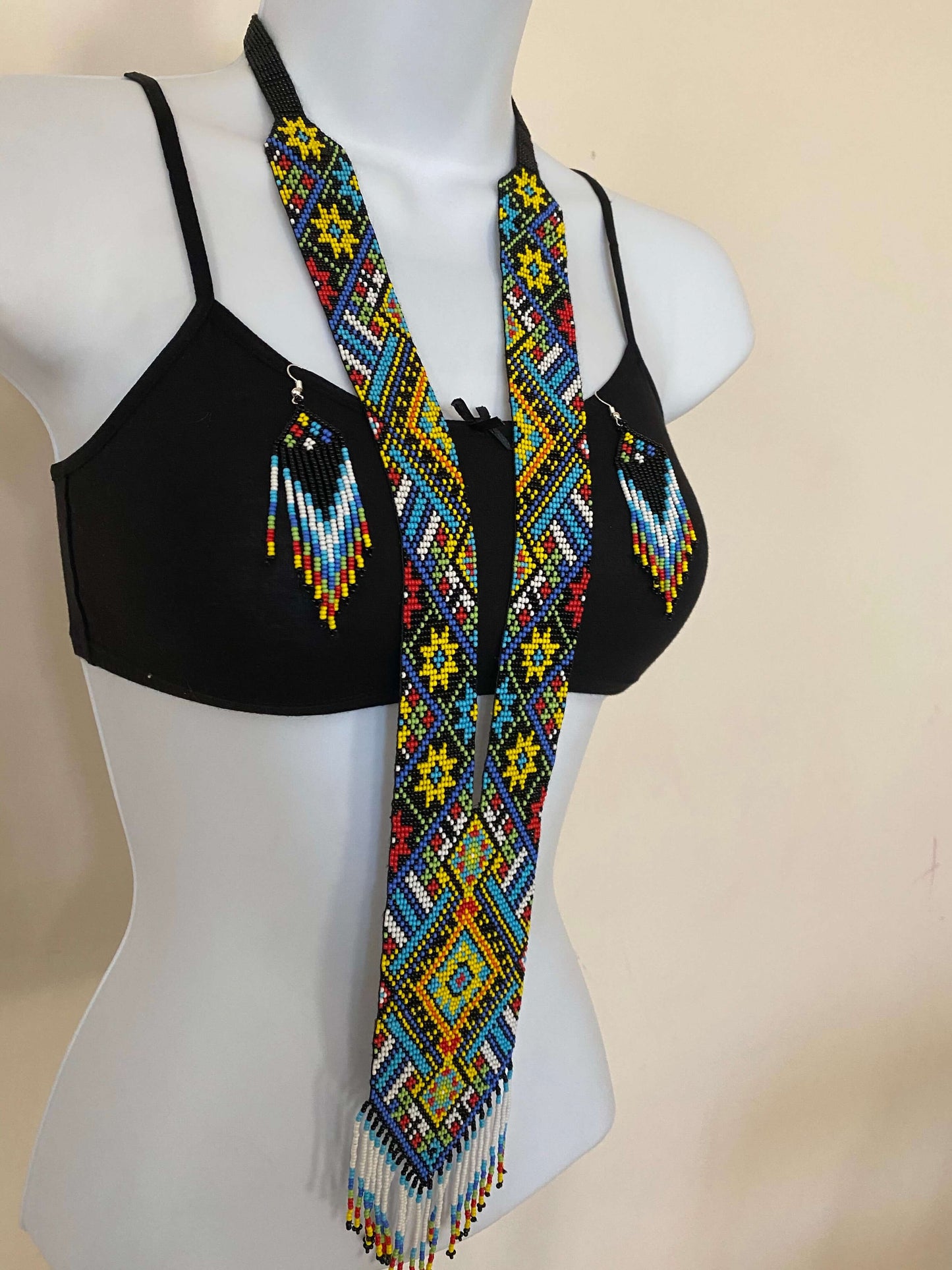 Handcrafted Bead embroidery long necklace earrings set