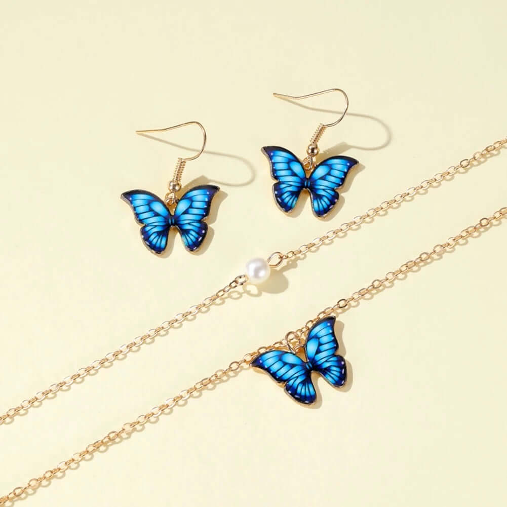 Butterfly necklace set faux pearl enameled no rust jewelry gift