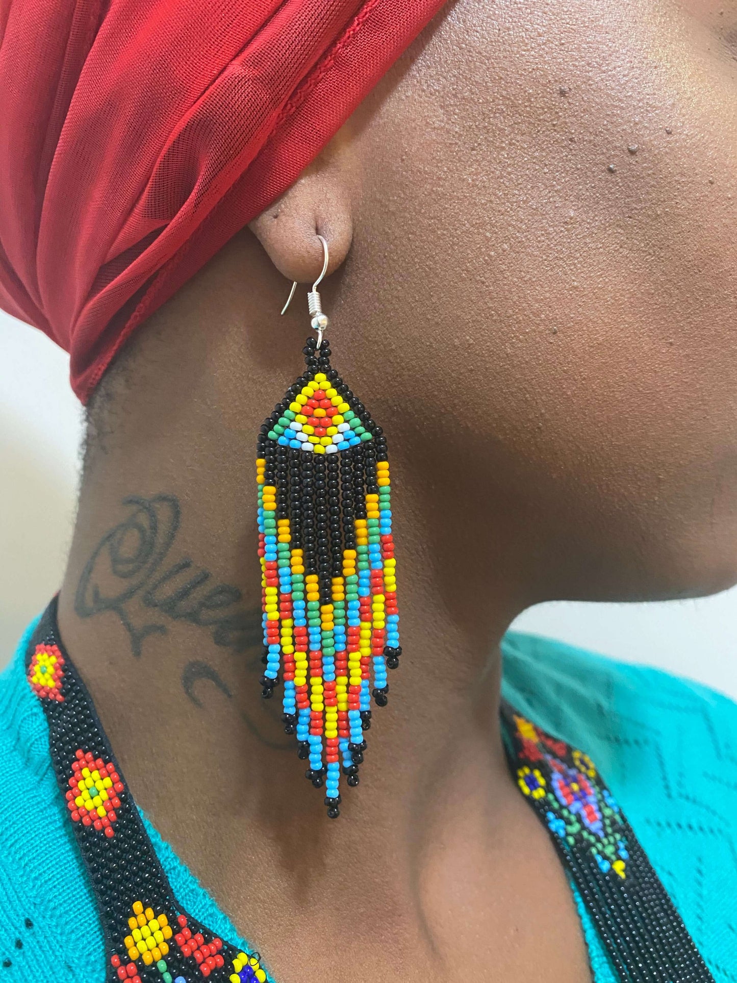 Handcrafted Bead embroidery long necklace earrings set