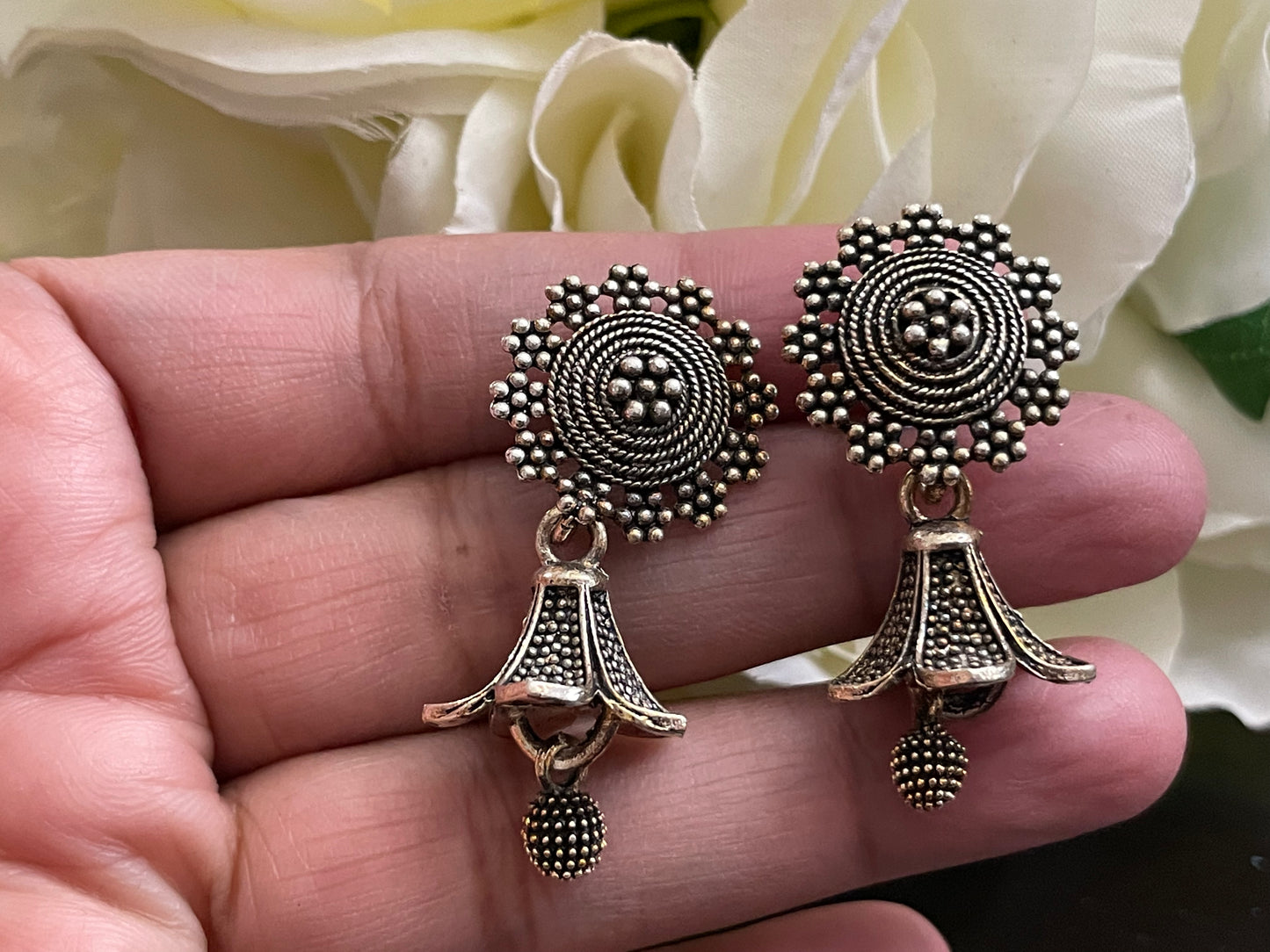 Earrings lily shape oxidized boho style look lightweight jewelry