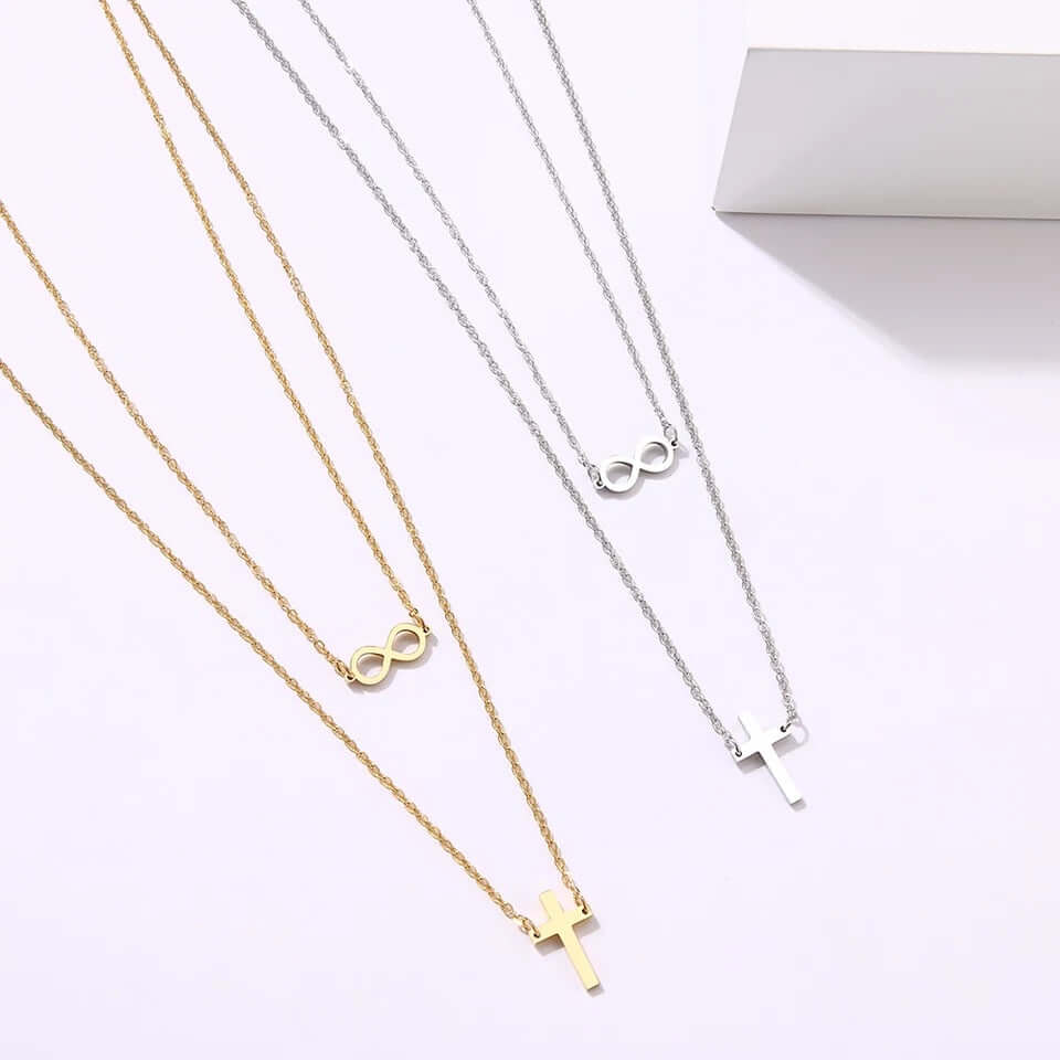 charm necklace double chain cross, infinity stainless jewelry gift