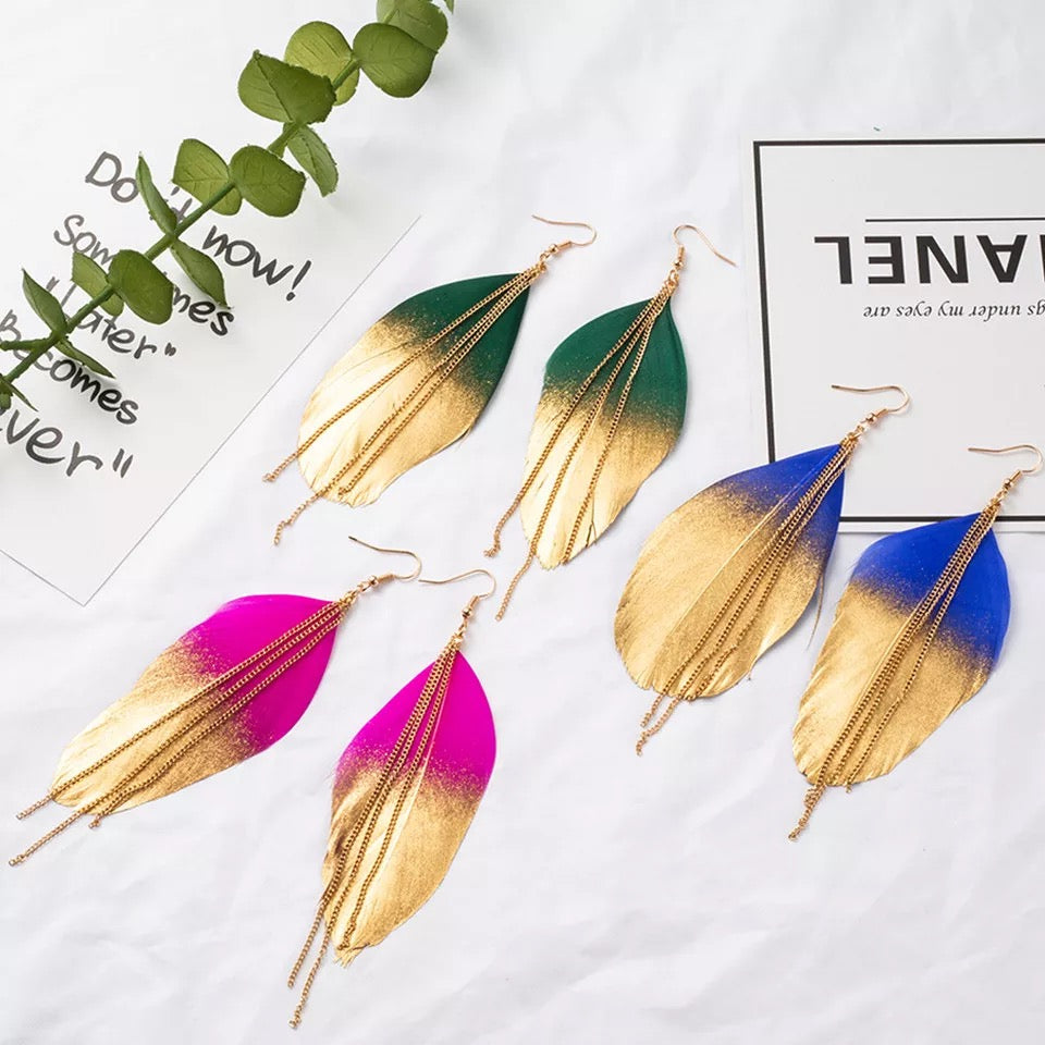 Handcrafted earrings yellow feather bohemian jewelry