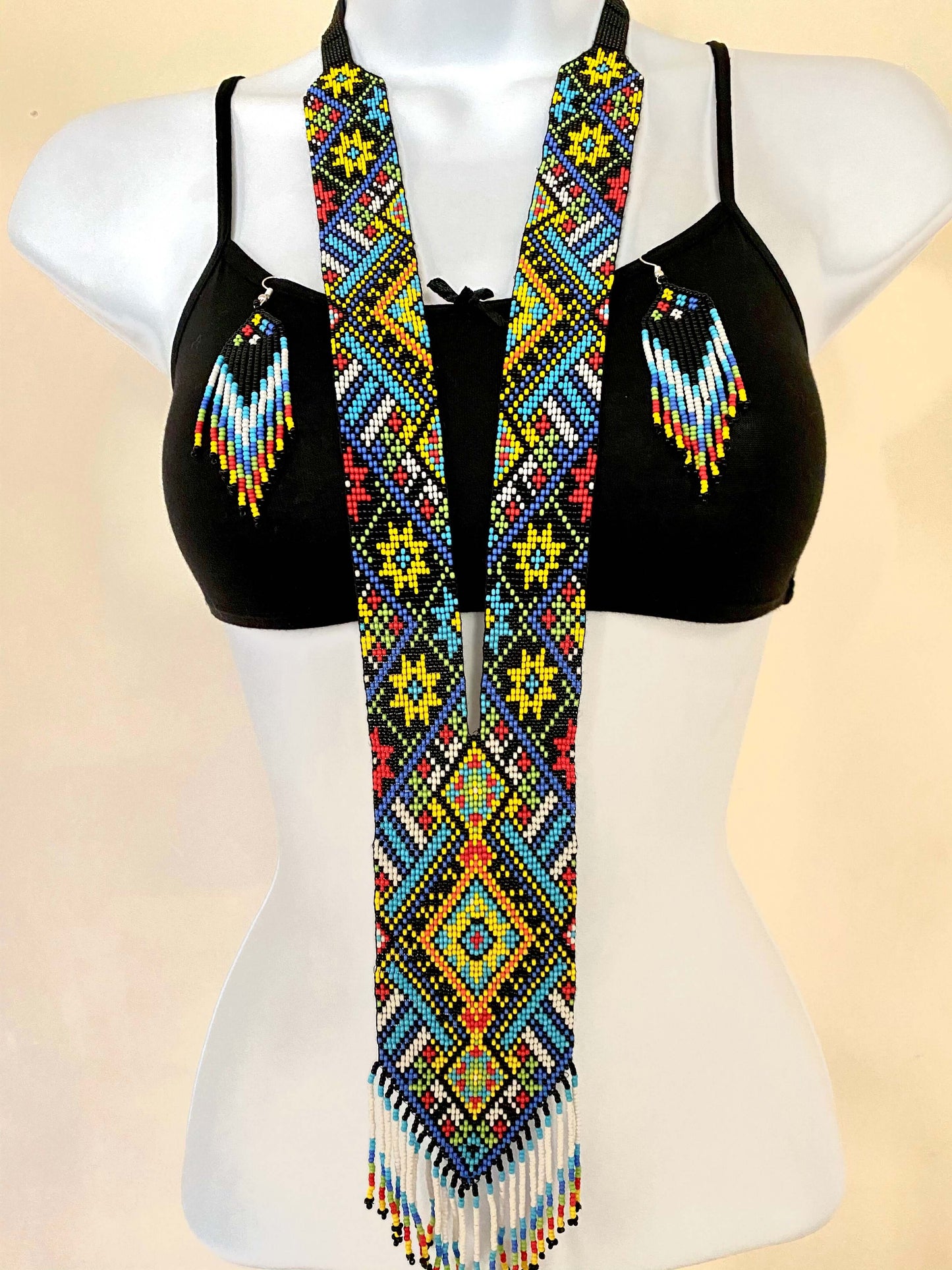 Handcrafted Bead embroidery long necklace earrings set