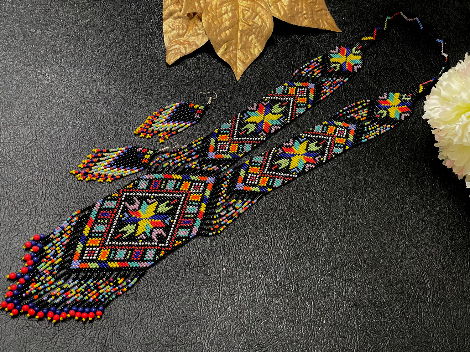 Seed bead handcrafted necklace earrings set