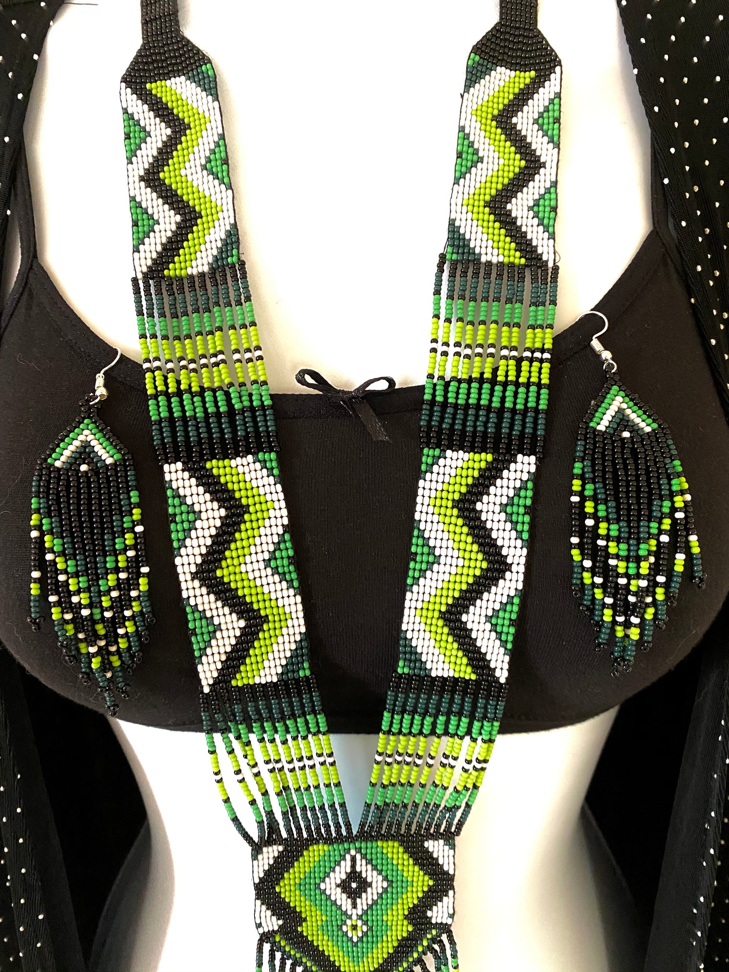 Handcrafted Bead embroidery long necklace earrings set