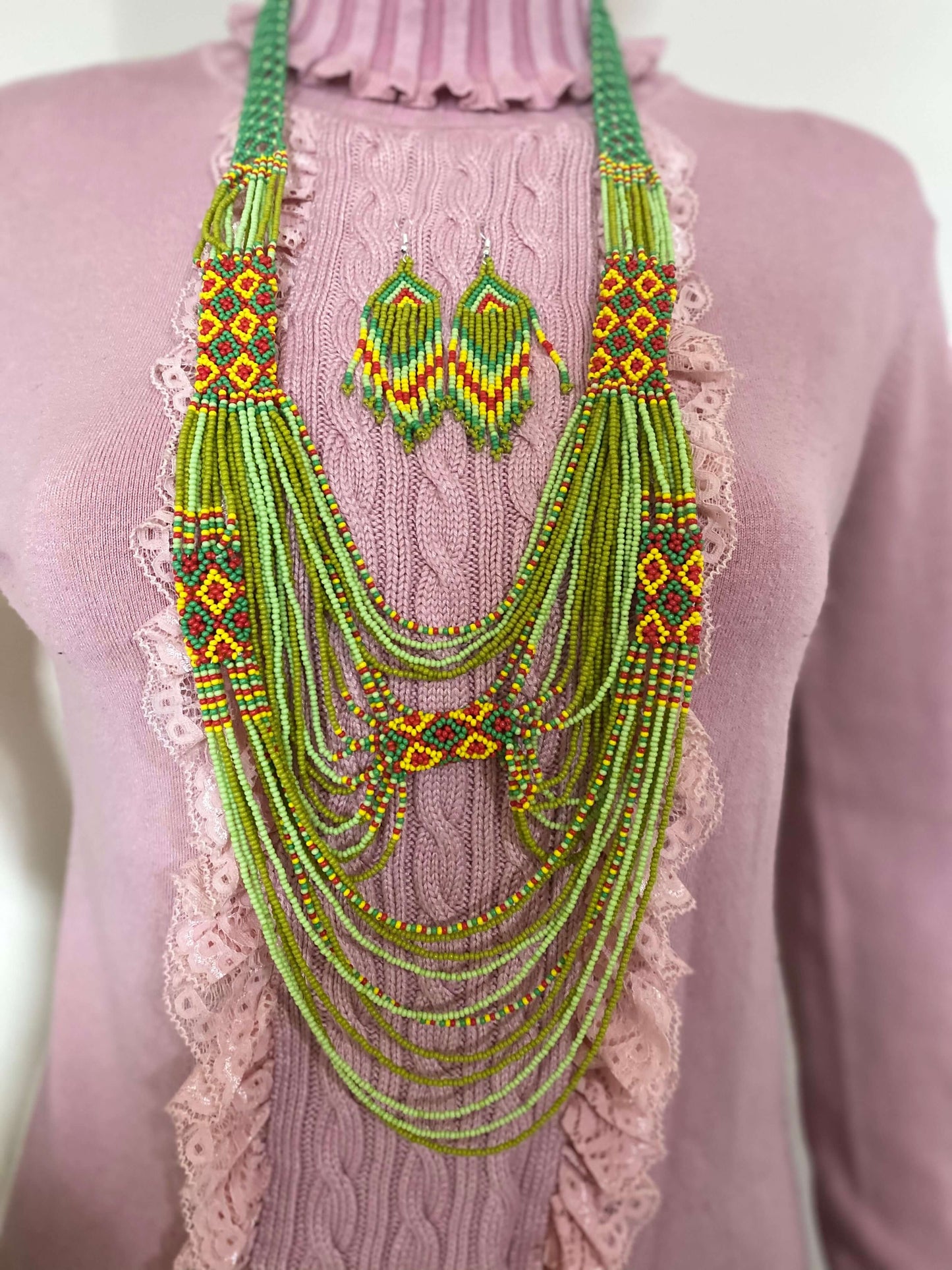 Bead Necklace boho/ tribal necklace earrings set