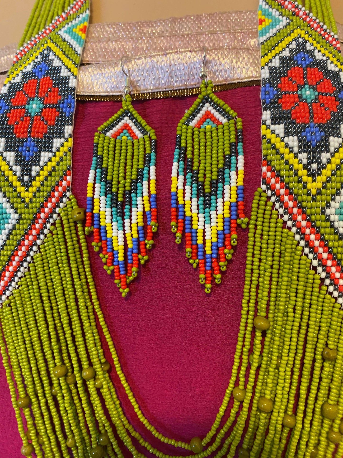 Handcrafted Bead embroidery long necklace earrings set