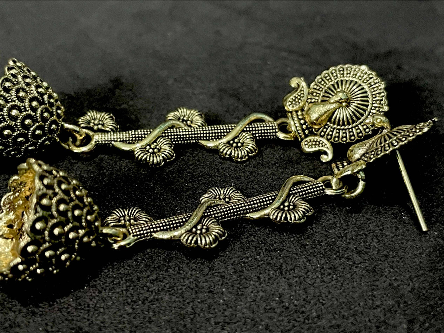 Antique look earrings peacock theme Indian jhumka