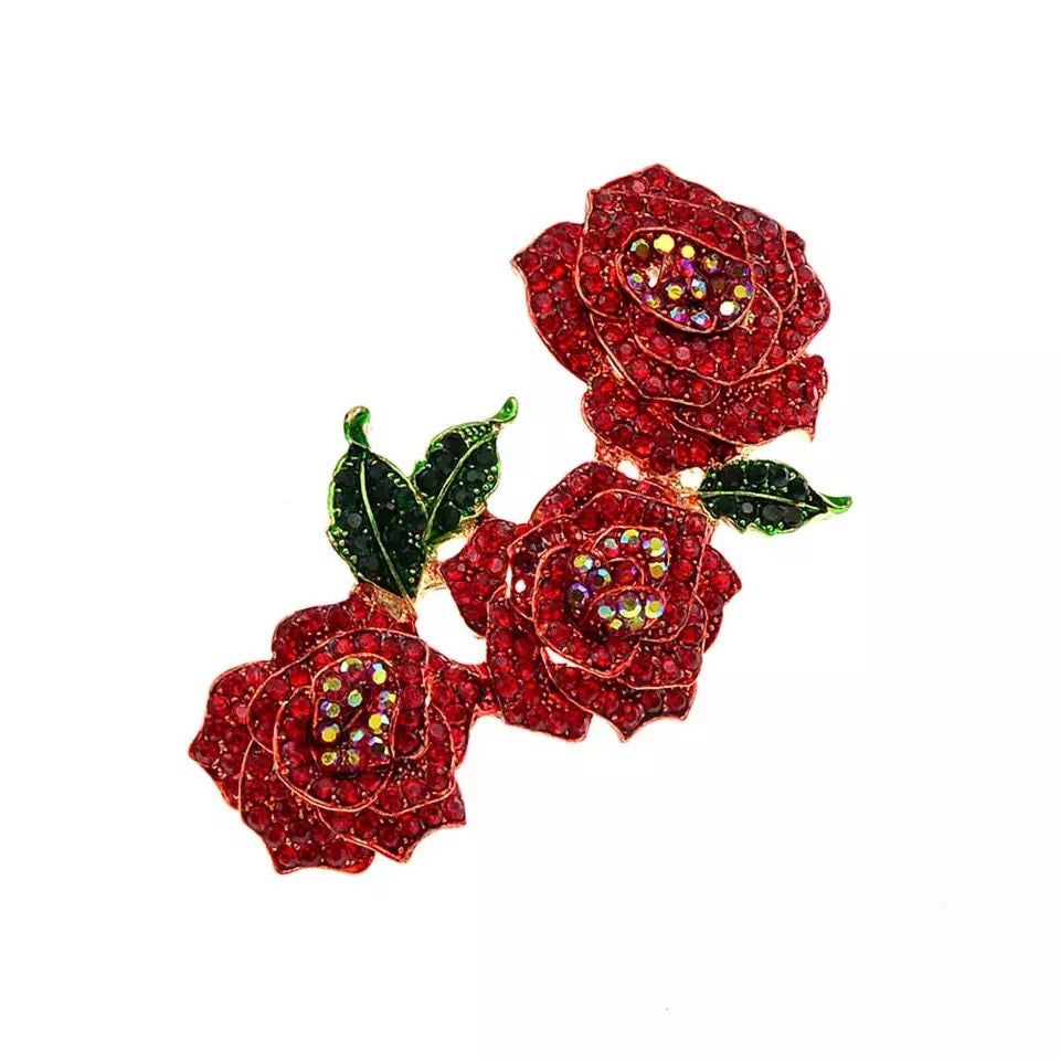 Rose Flower Brooches For Women Red Crystal Pin Sweather Party Jewelry Gift