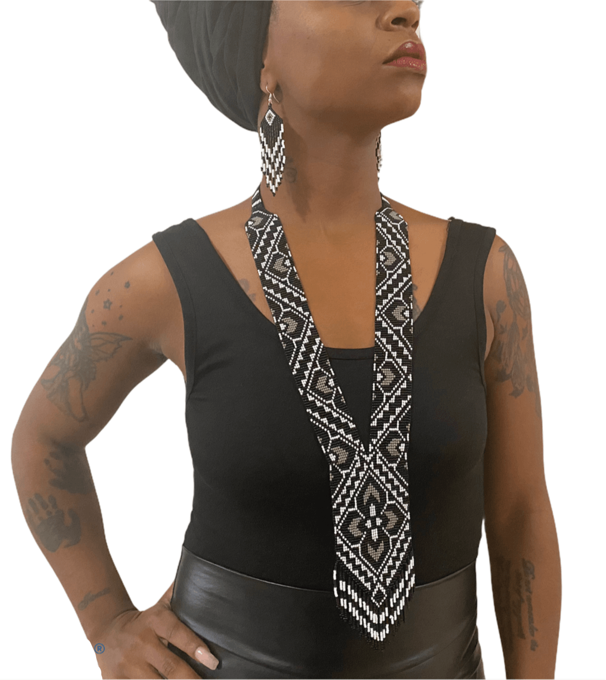 Handcrafted Bead embroidery long necklace earrings set