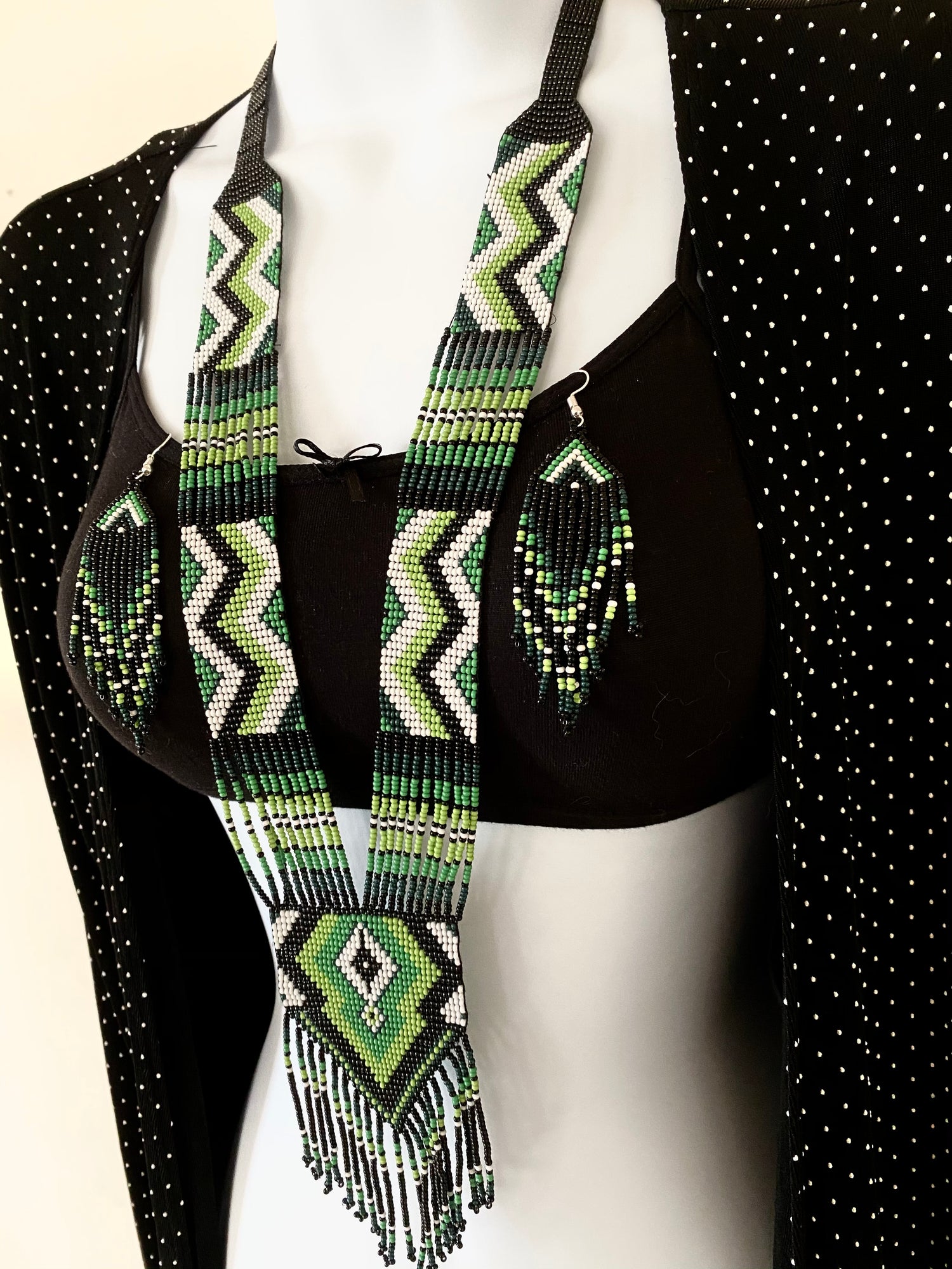 Handcrafted Bead embroidery long necklace earrings set