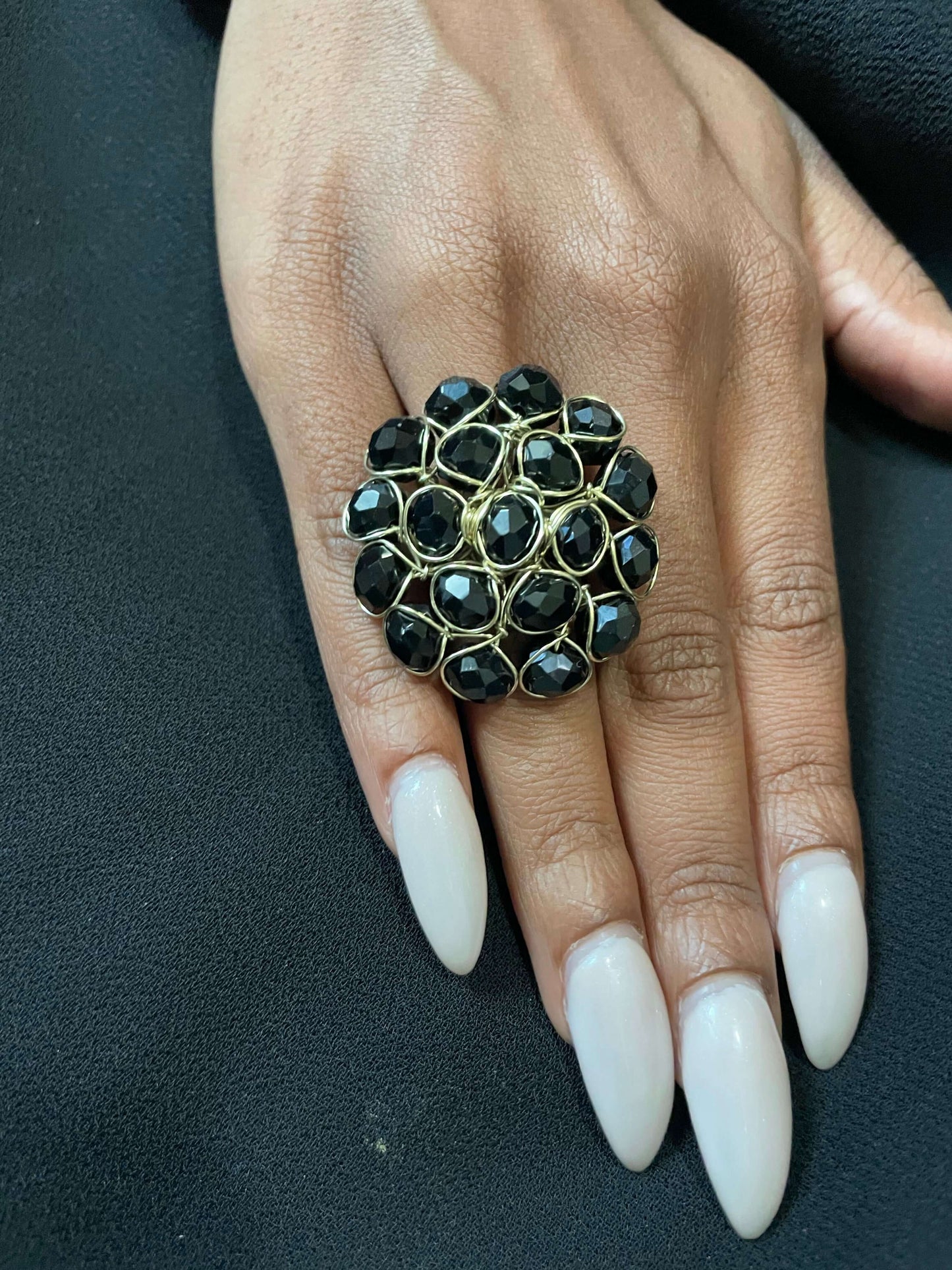 Bracelet & ring handcrafted adjustable jewelry in black beads