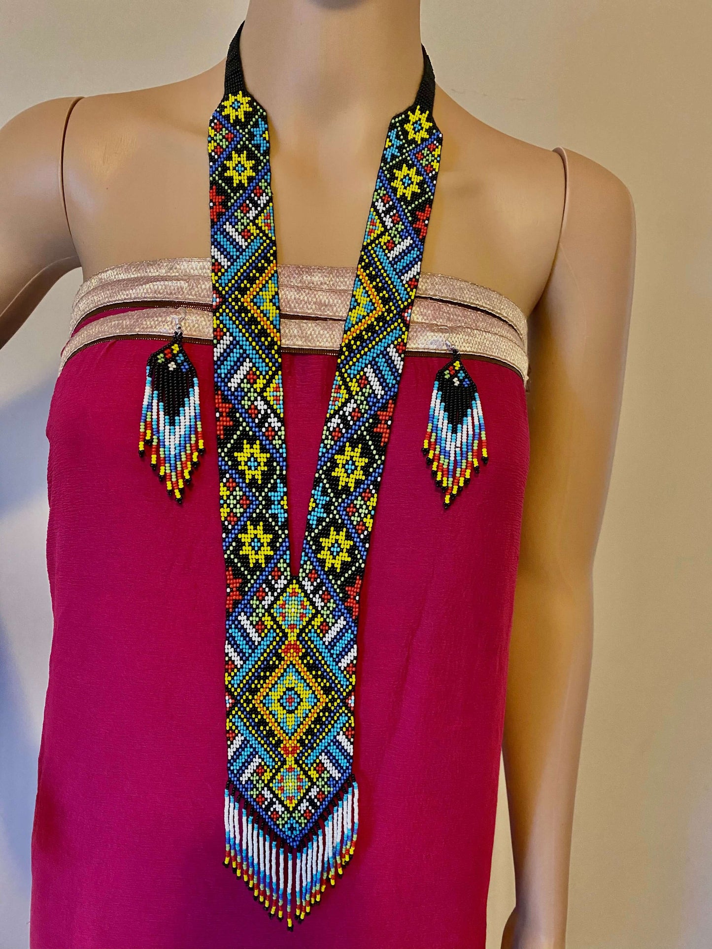 Handcrafted Bead embroidery long necklace earrings set