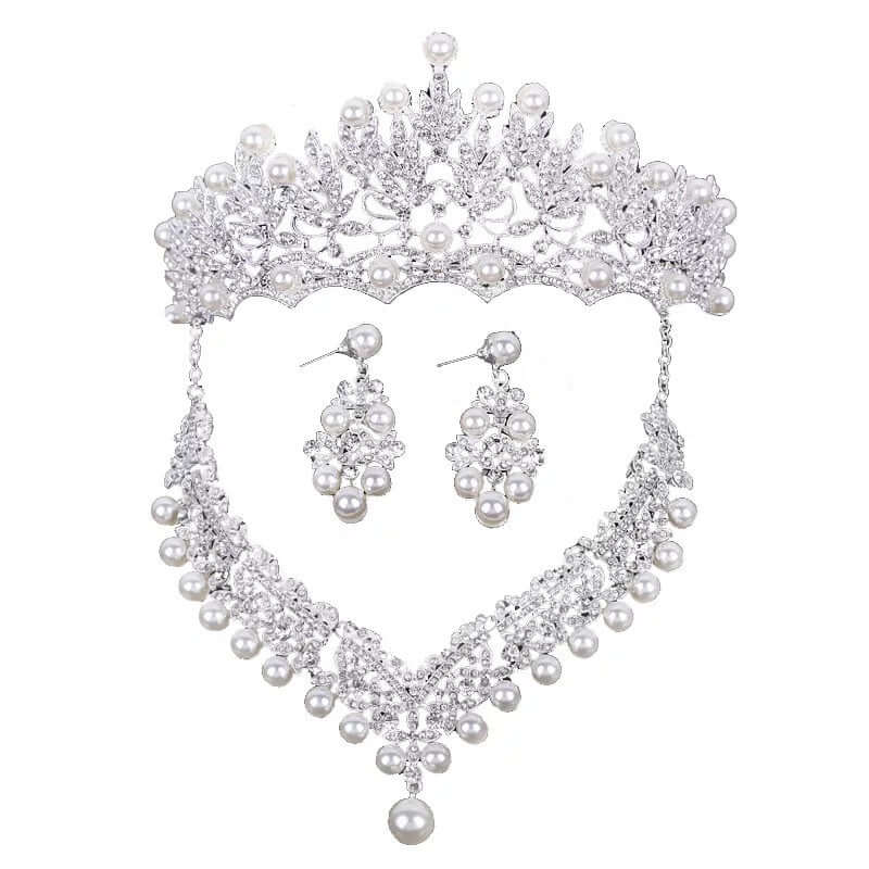 Bridal tiara necklace earrings set silver rhinestone