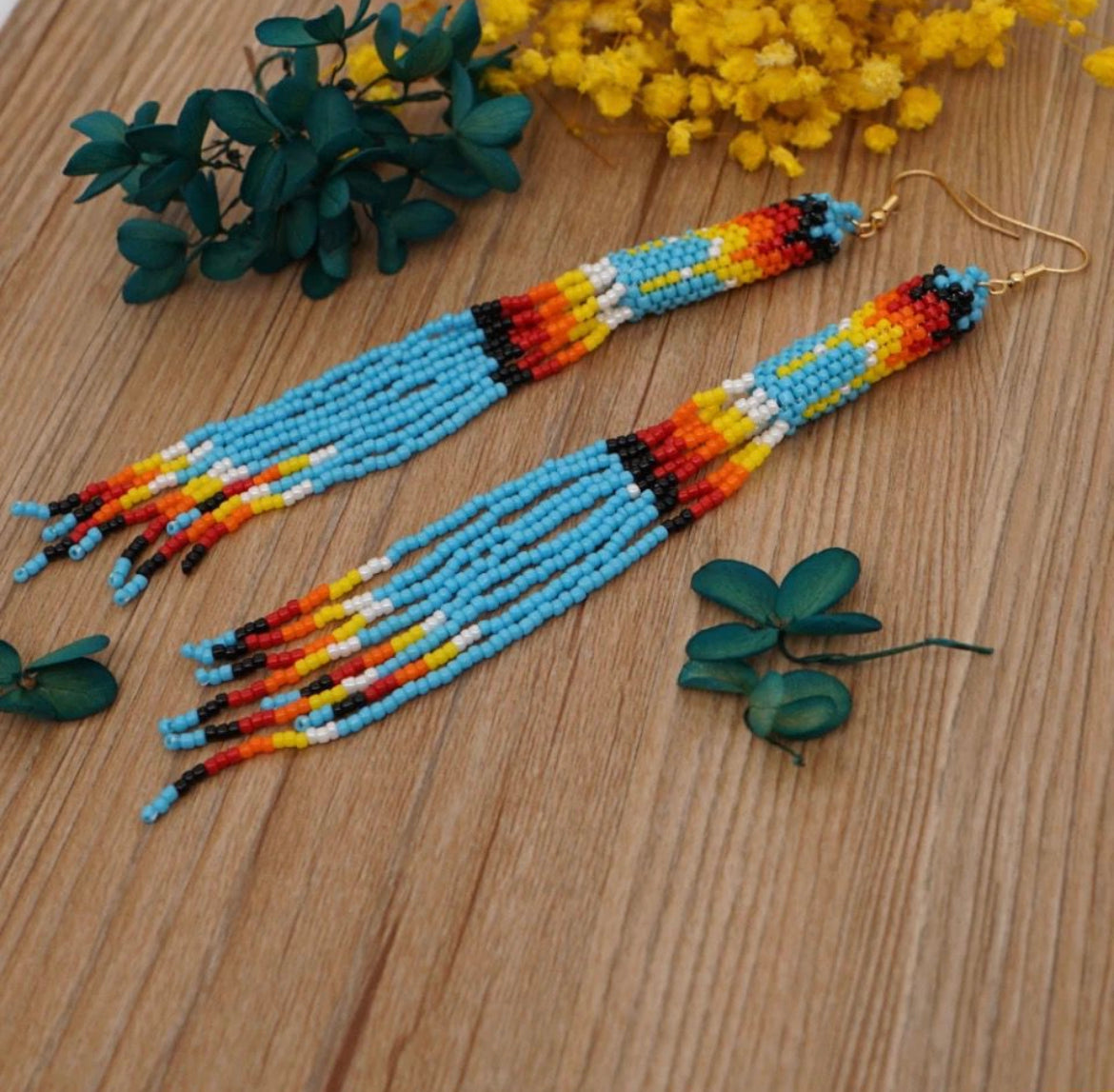 Seed bead earrings Turquoise blue long handcrafted earring