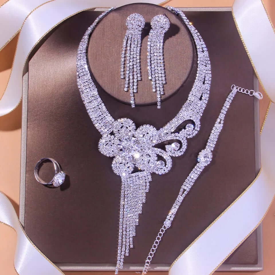 Bridal set necklace combo 4 piece wedding jewelry rhinestone silver accessory