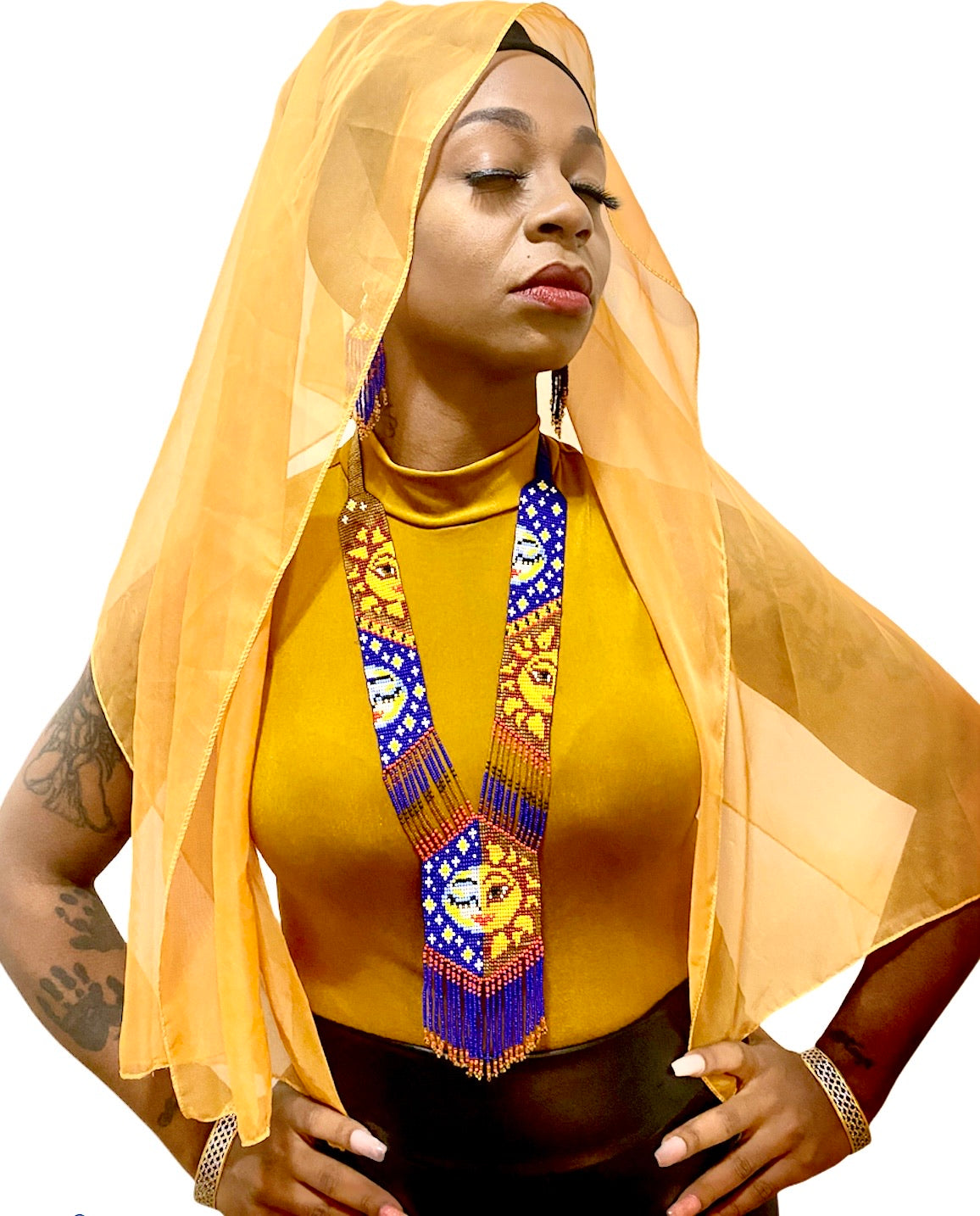 Handcrafted Bead embroidery long necklace earrings set