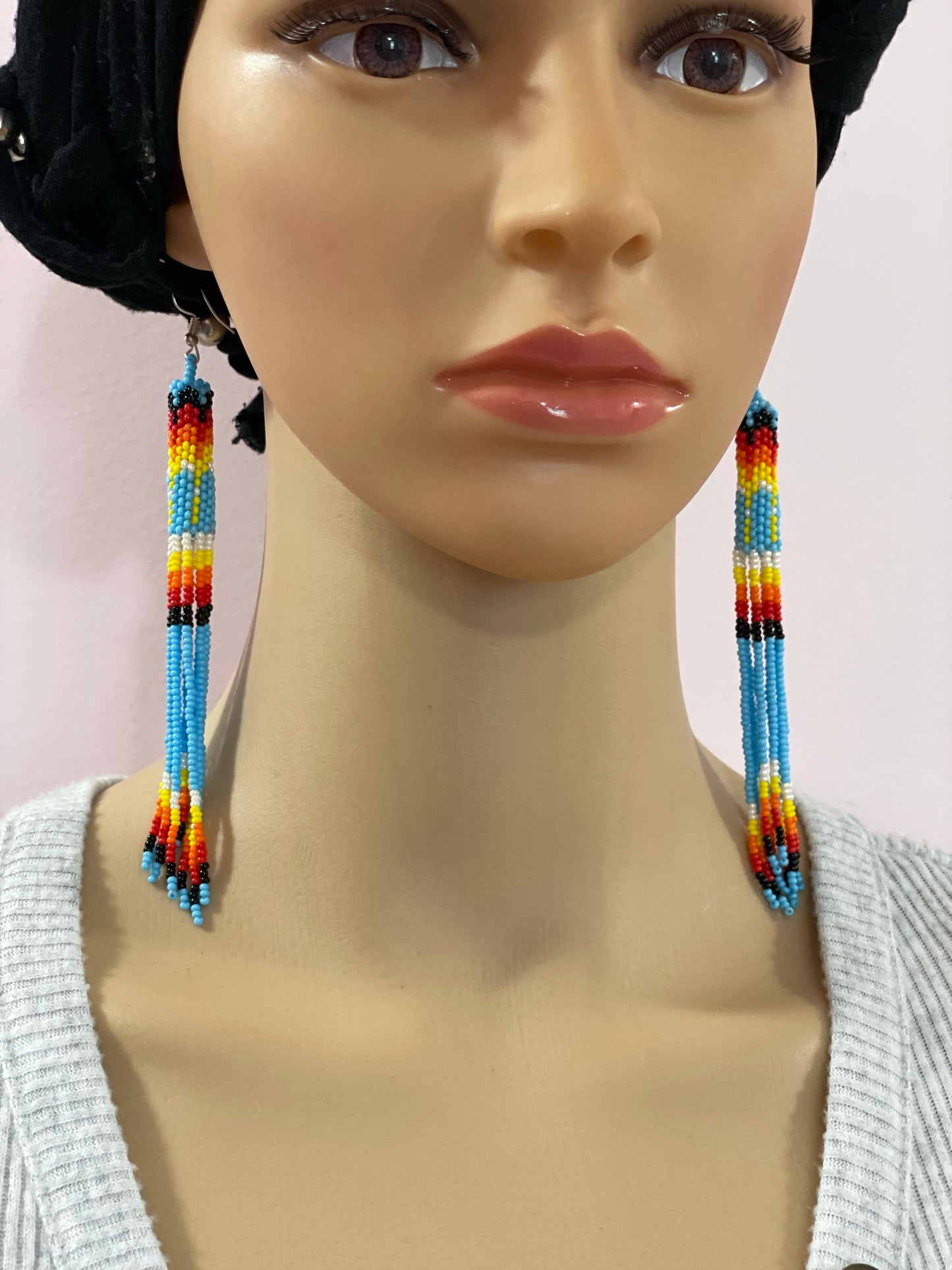 Seed bead earrings Turquoise blue long handcrafted earring