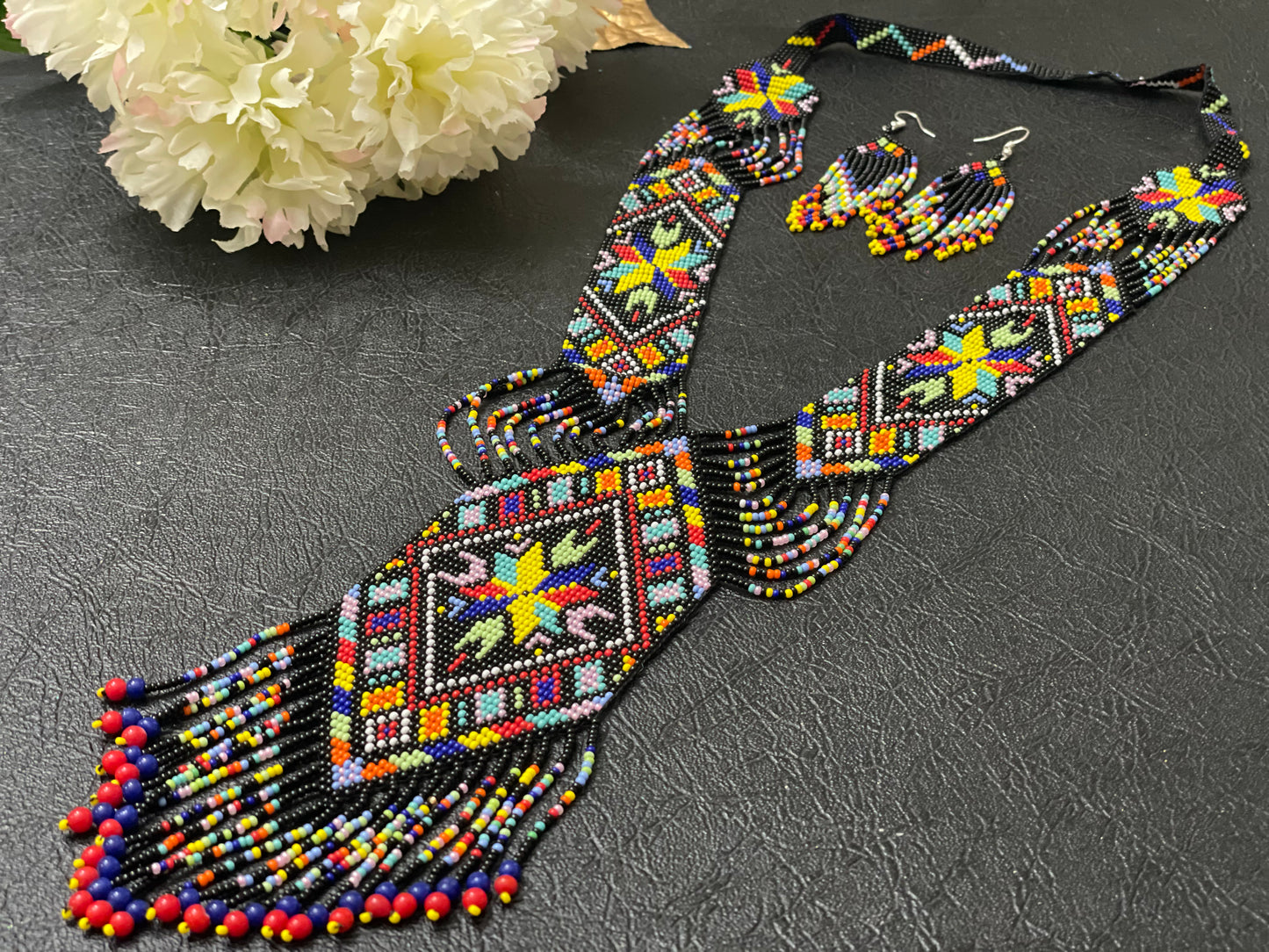 Seed bead handcrafted necklace earrings set