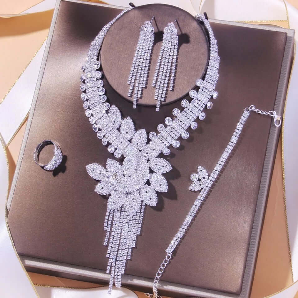 Bridal jewelry necklace earrings bracelet ring set silver rhinestone gift