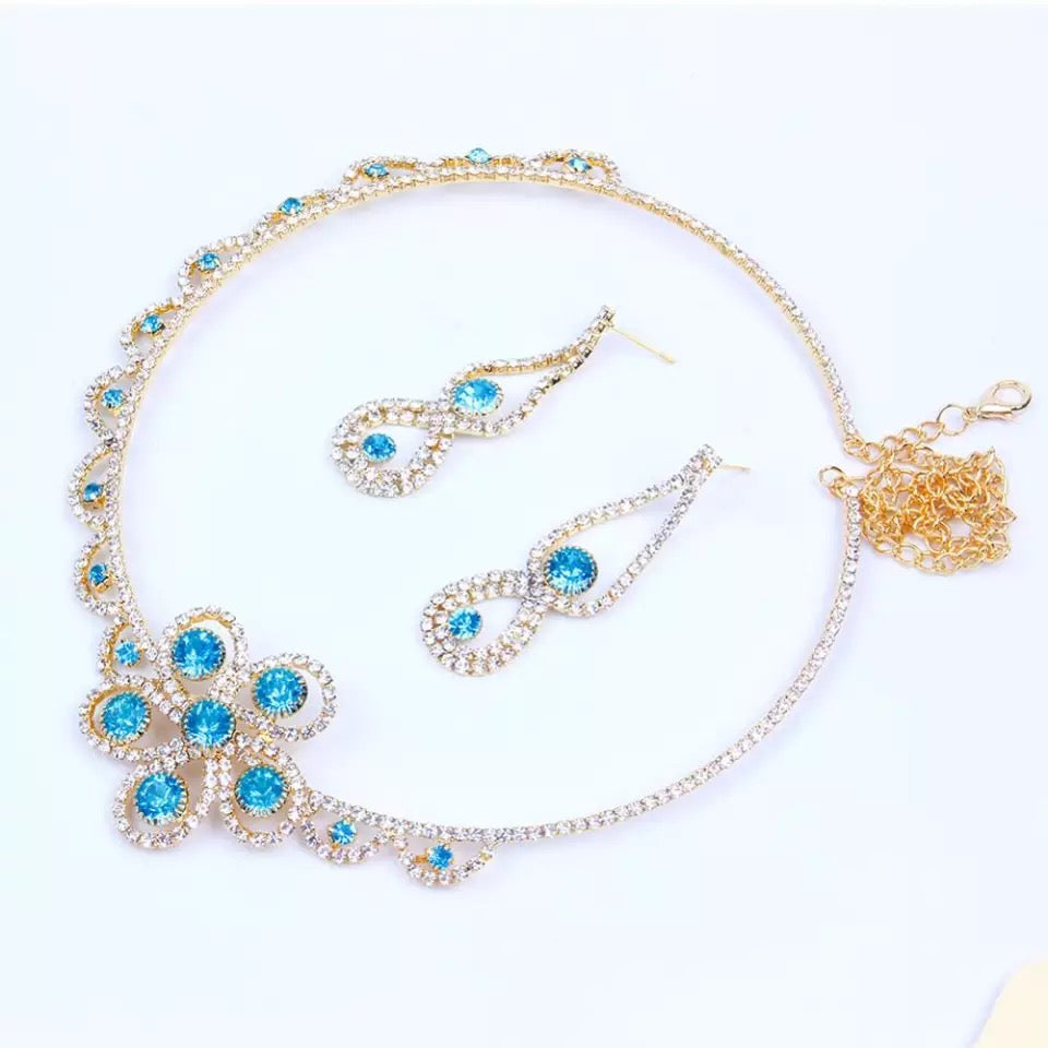 Wedding Necklace earrings set rhinestone elastic ring adjustable