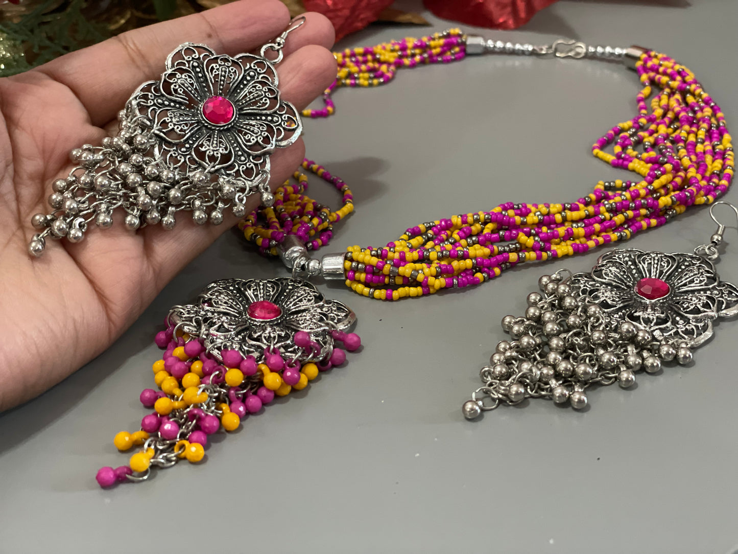 Necklace & big earrings Handcrafted seed bead Boho jewelry