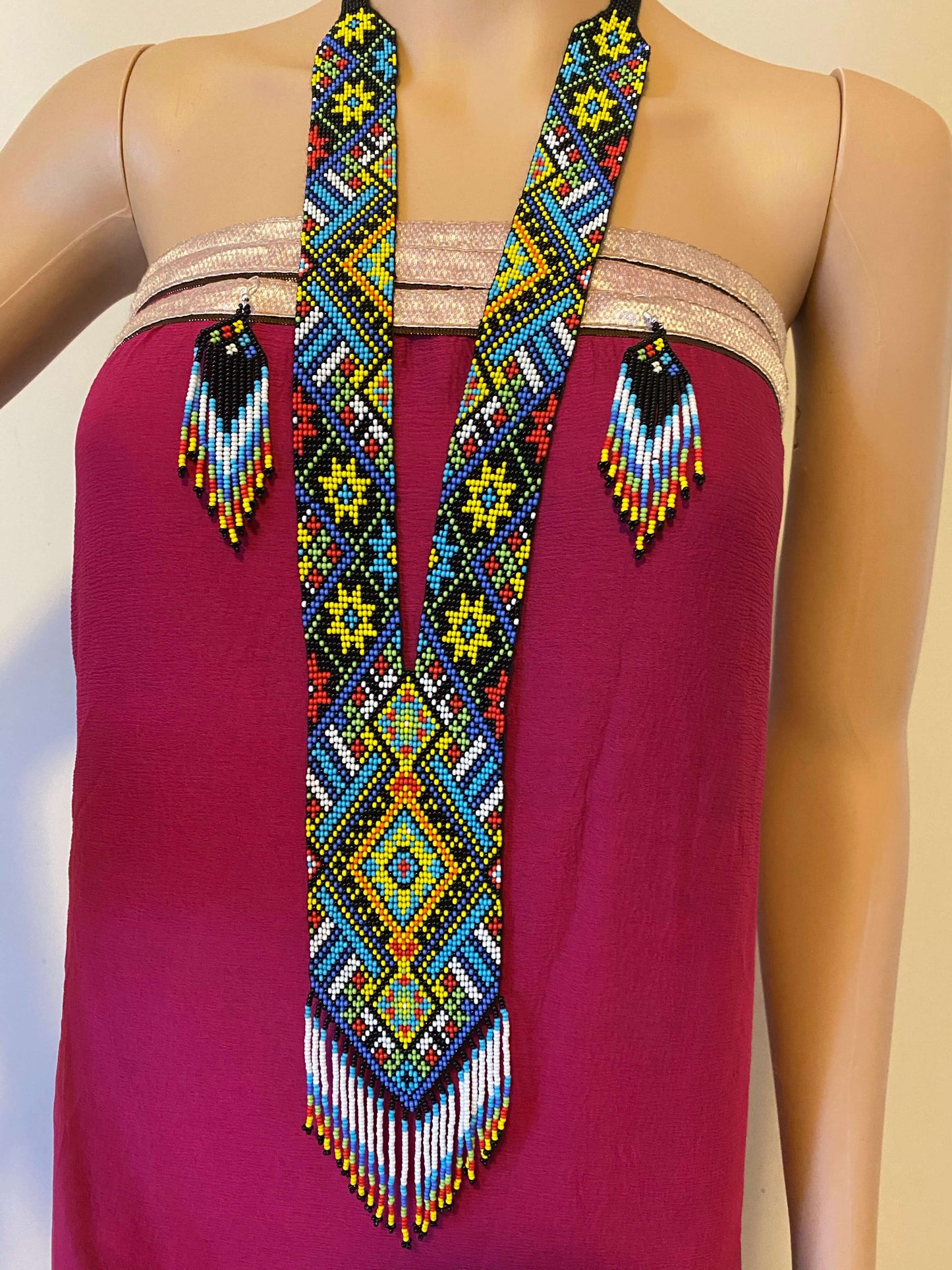 Handcrafted Bead embroidery long necklace earrings set