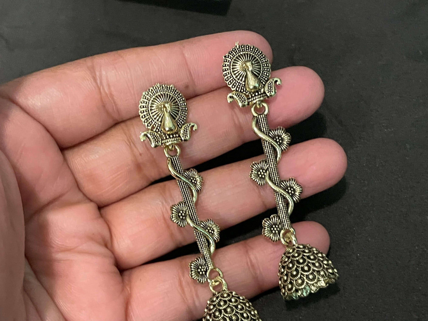 Antique look earrings peacock theme Indian jhumka