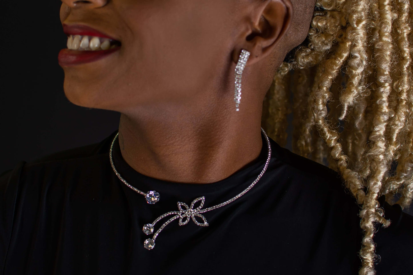 Bridal necklace choker earrings set adjustable silver bling jewelry