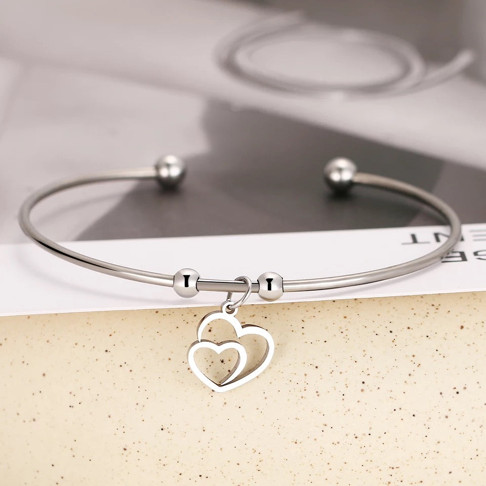 1 Bracelet double heart charm pendant stainless jewelry