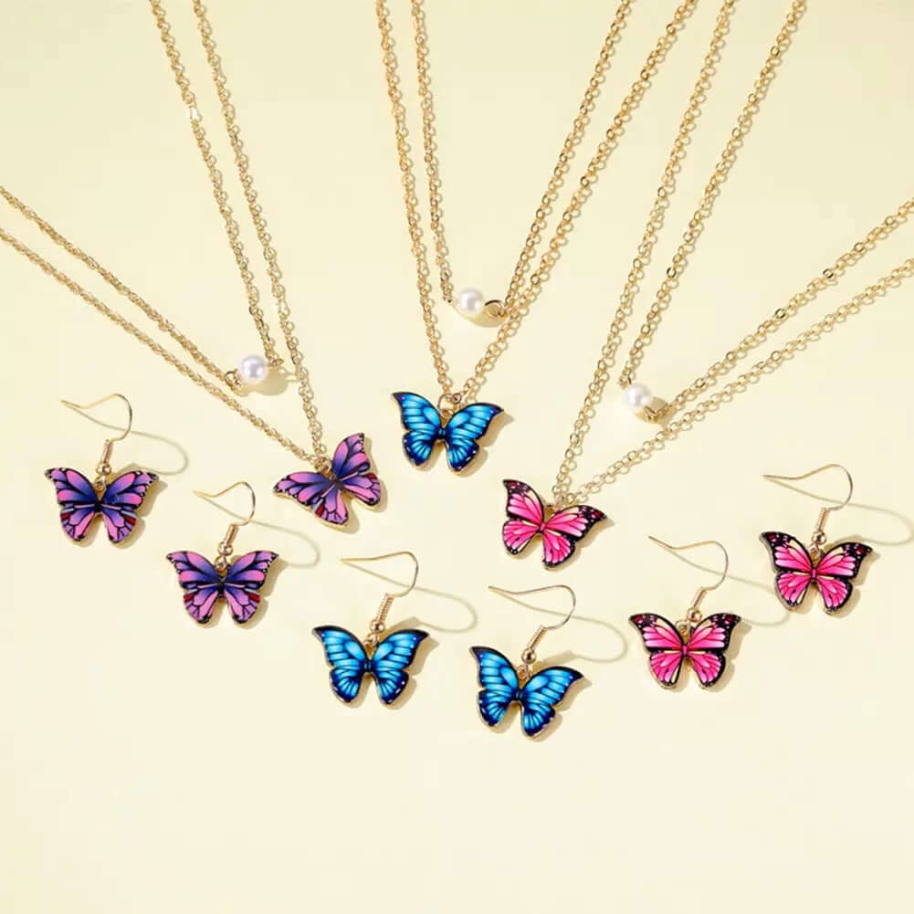 Butterfly necklace set faux pearl enameled no rust jewelry gift