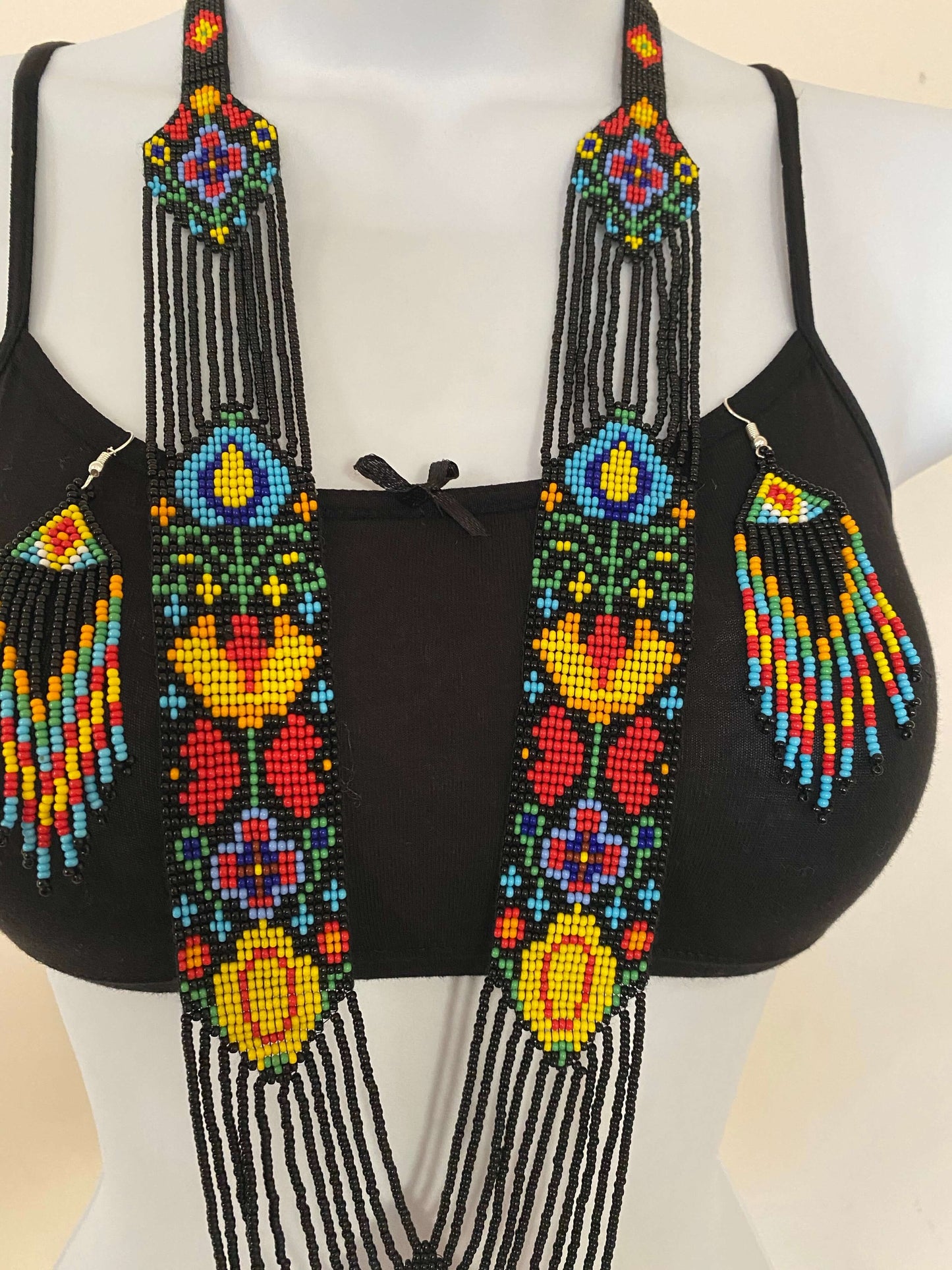 Handcrafted Bead embroidery long necklace earrings set