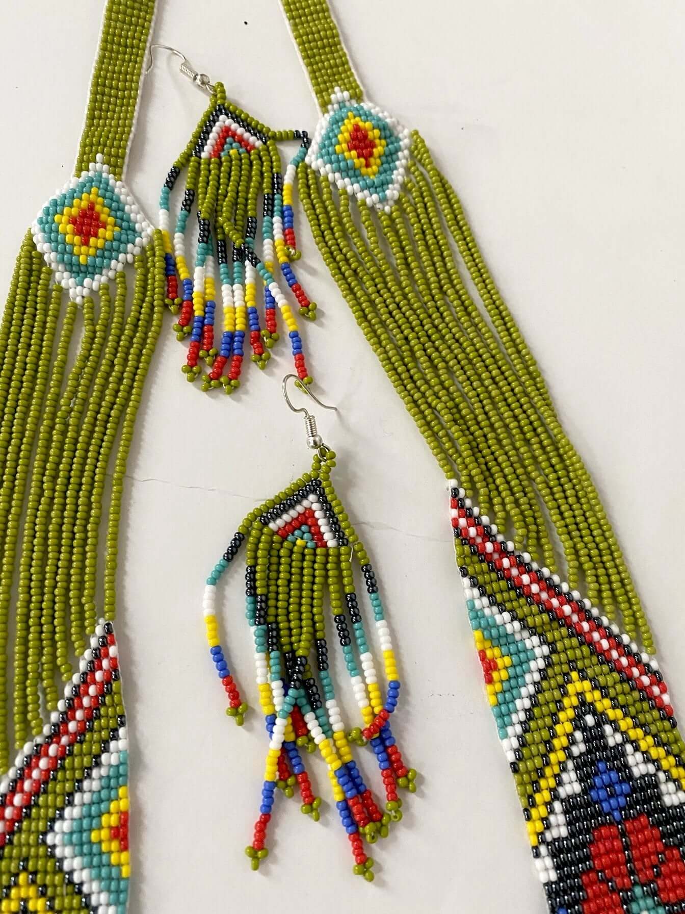 Handcrafted Bead embroidery long necklace earrings set