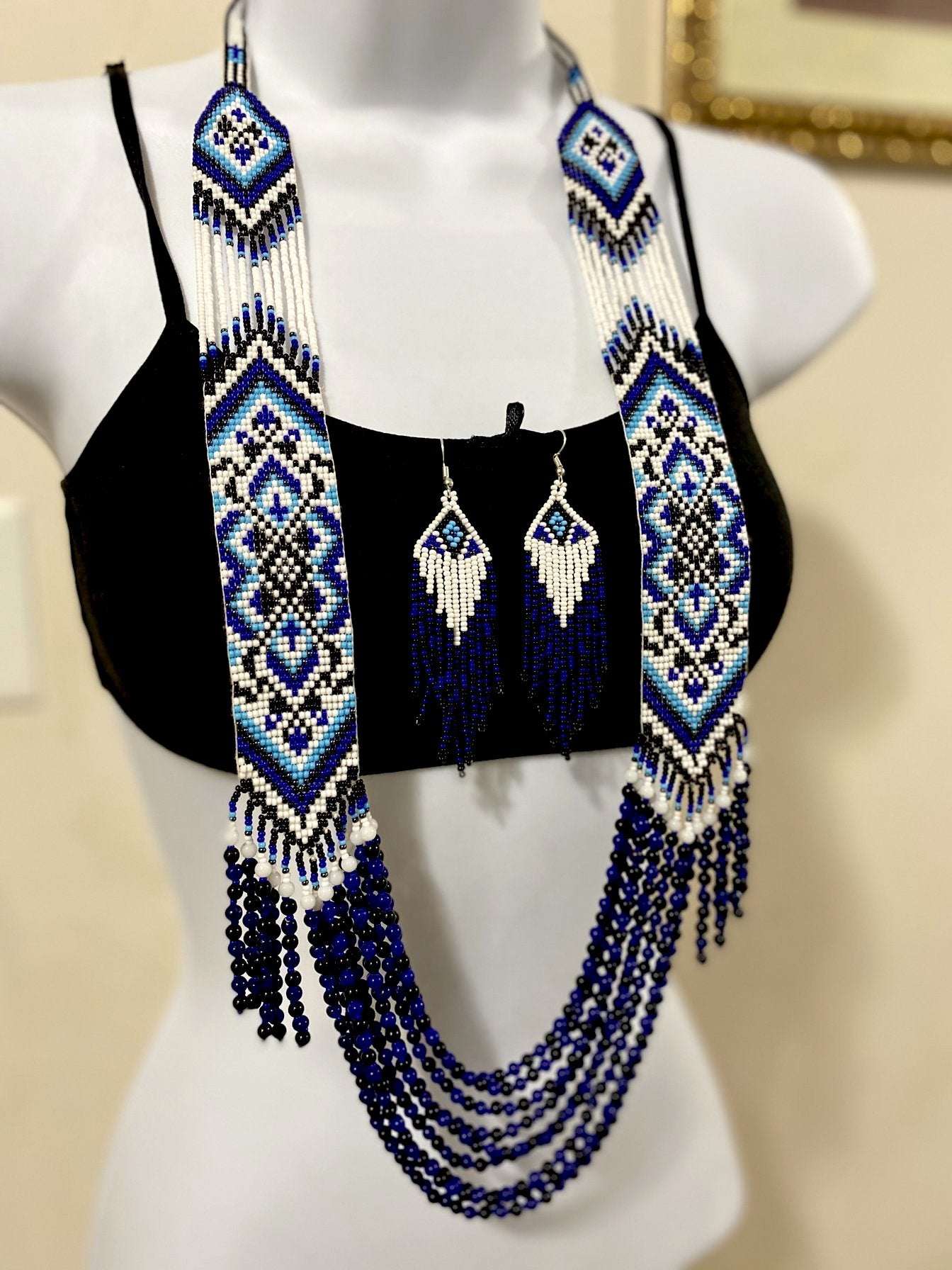 Handcrafted bead necklace earrings set blue jewelry