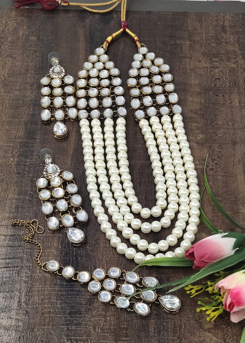 Indian/ African necklace earrings head jewelry set glass beads & kundan work