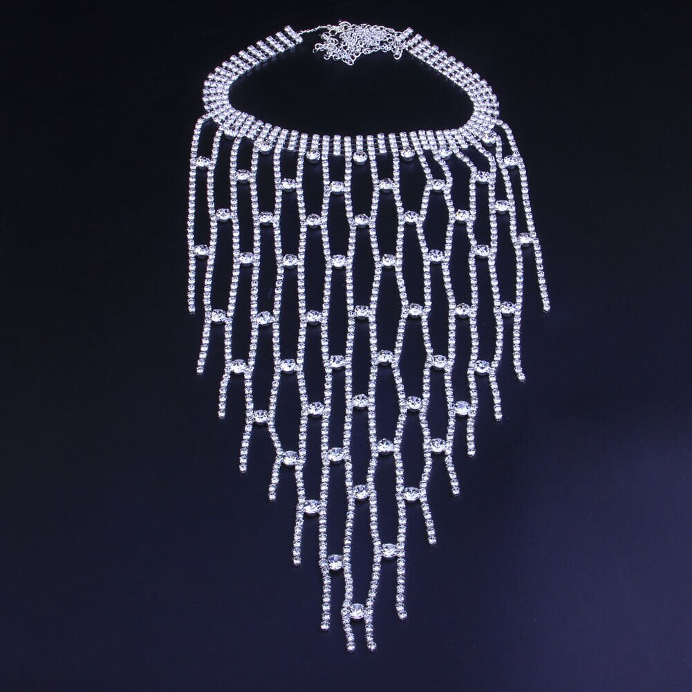 Crystal Necklace Long Tassel Bling Statement Jewelry Rhinestone