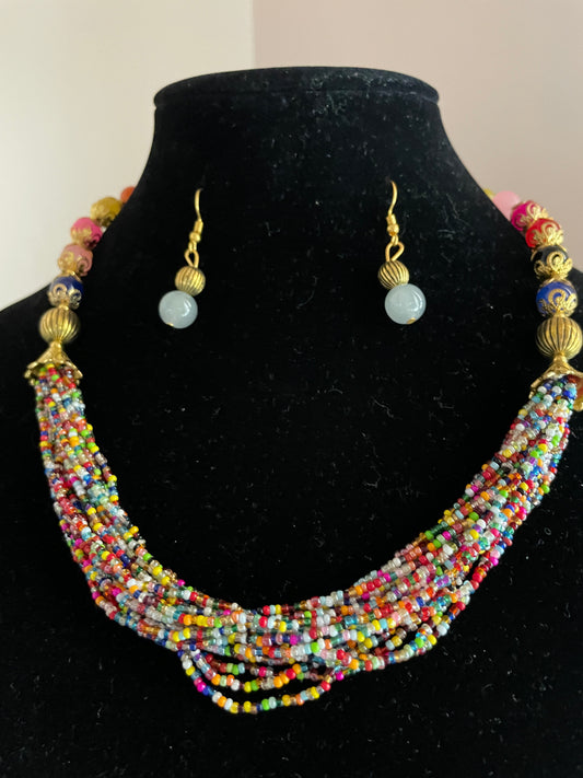 Handcrafted multilayered bead necklace earrings set